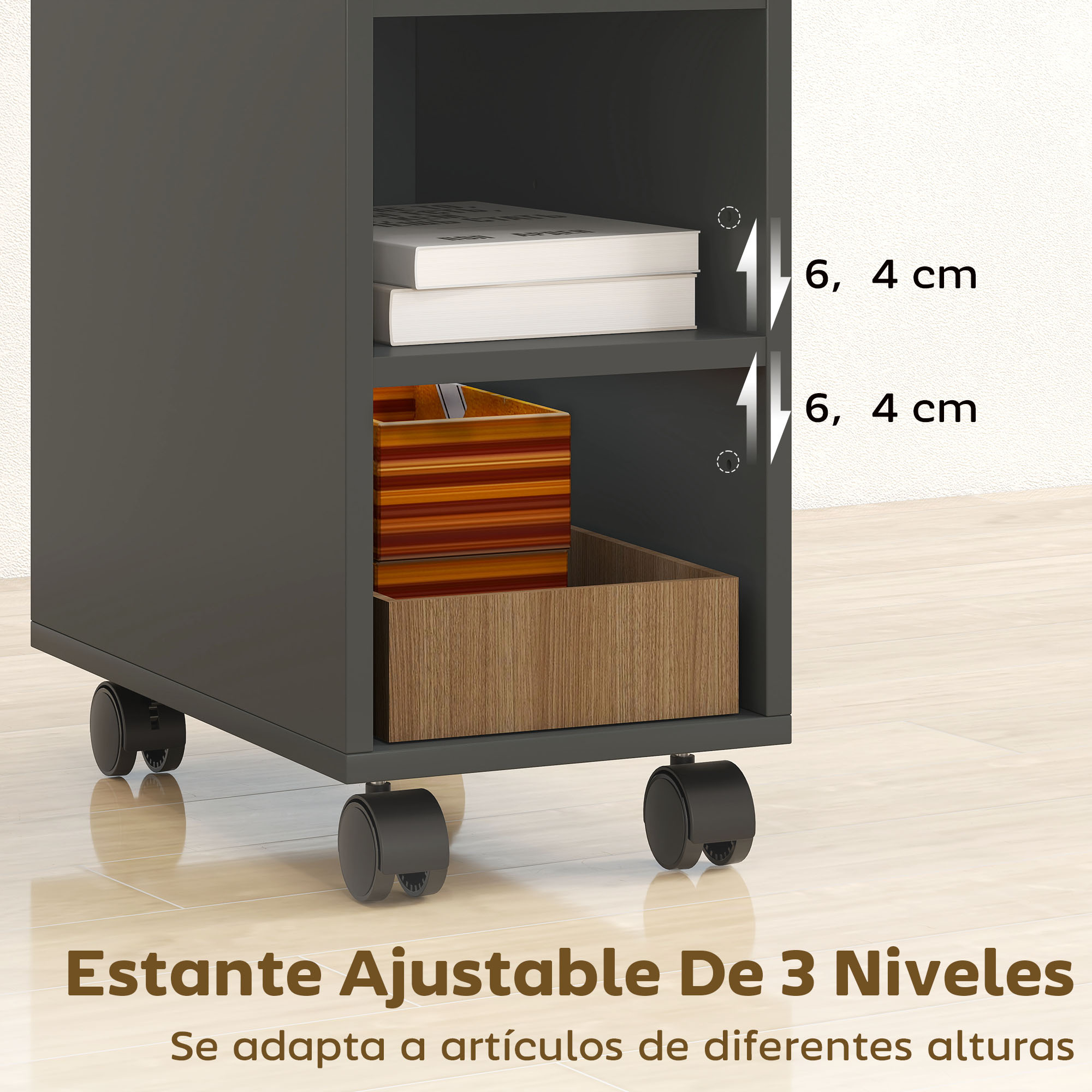 Estantería gris oscura con ruedas, con libros y cestas. Estantes ajustables.
