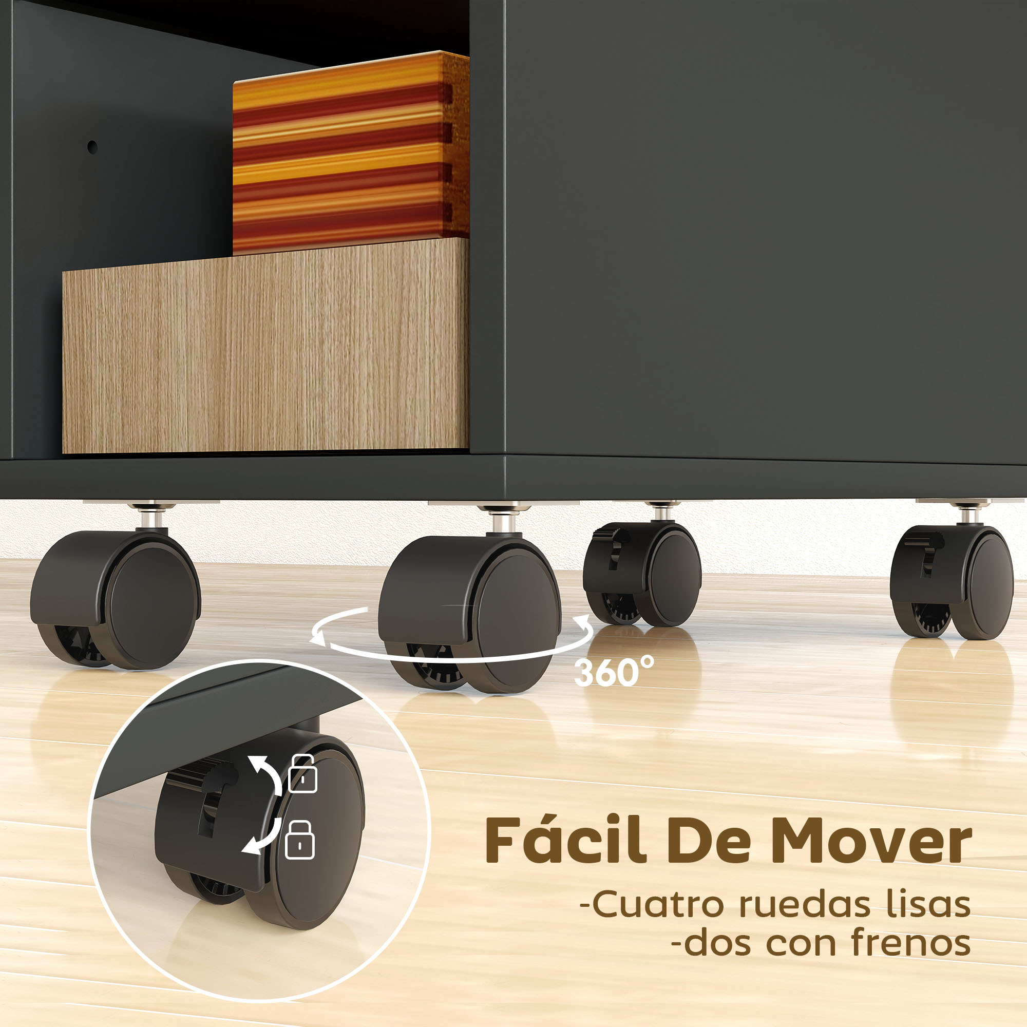 Un mueble oscuro con ruedas. Primer plano de las ruedas y un candado.