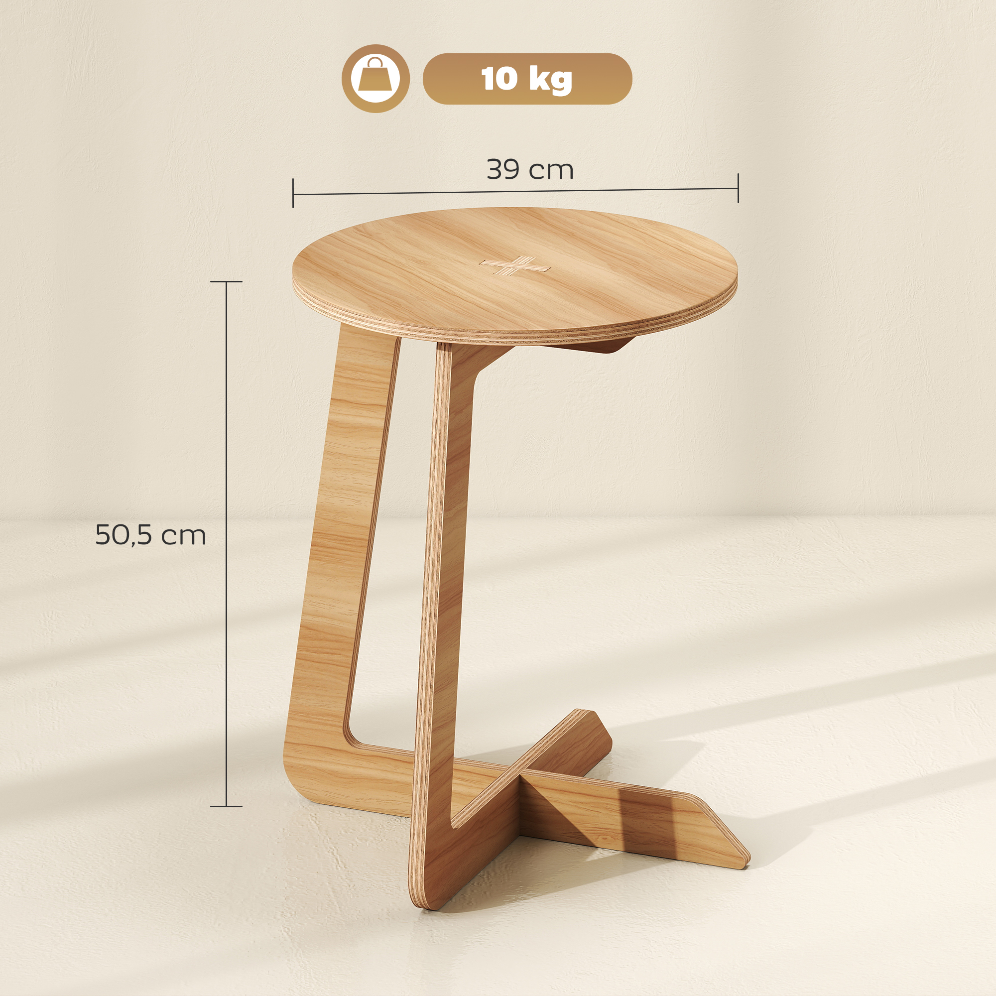 Una mesa auxiliar redonda de madera, 39cm de ancho y 50,5cm de alto, 10kg.