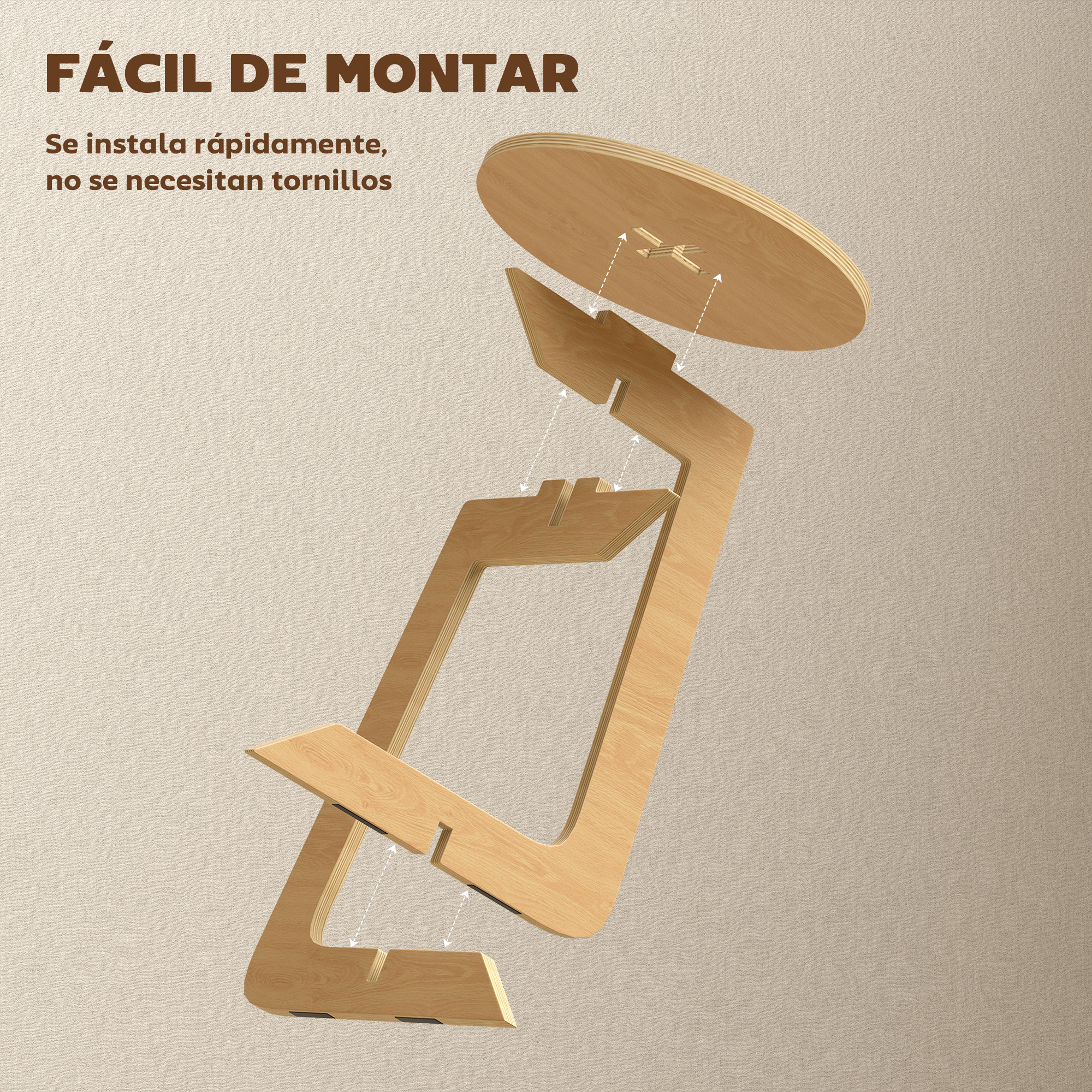 Un soporte de madera para portátil se está montando. Fácil montaje sin tornillos.