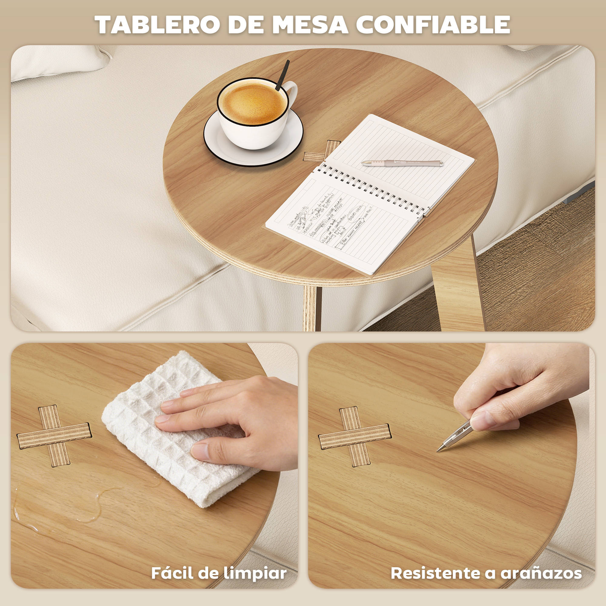 Mesa redonda de madera con café y cuaderno. Abajo, limpieza y resistencia a arañazos.
