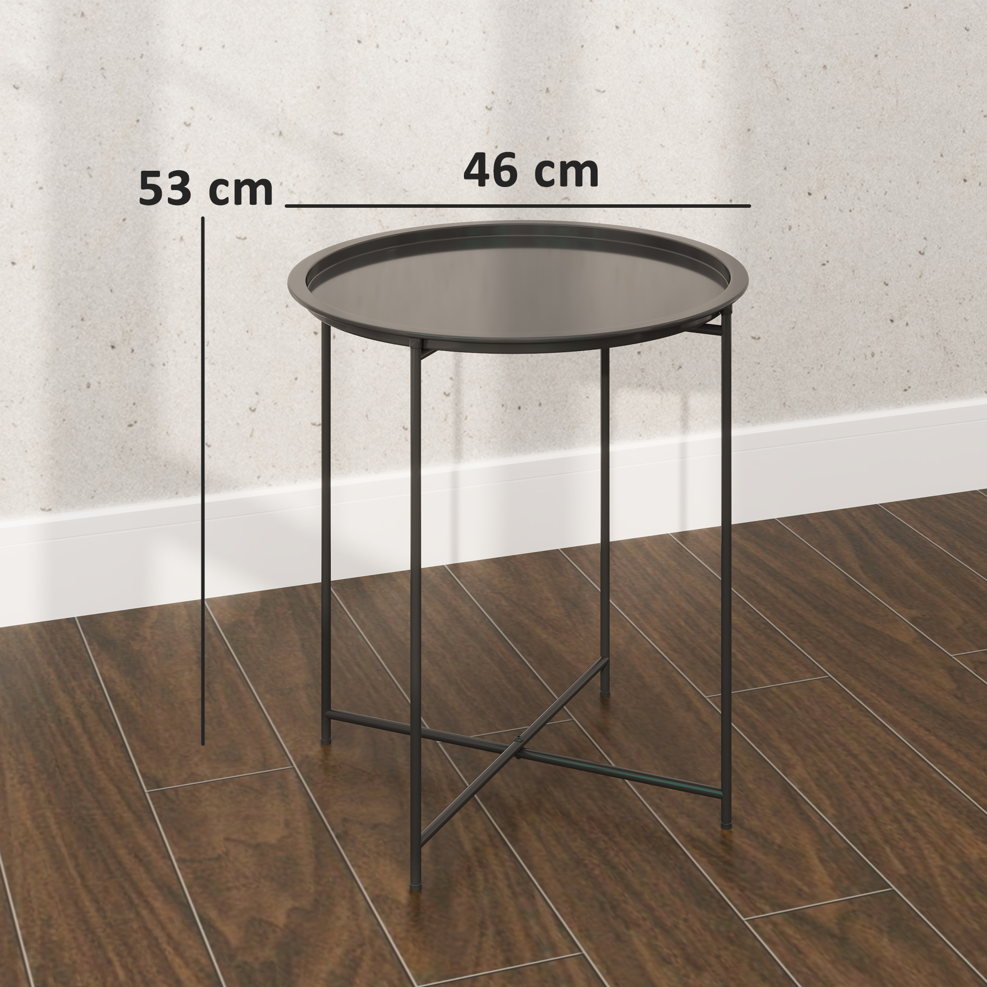 Una mesa auxiliar redonda y negra con patas de metal, 53cm de alto, 46cm de ancho.