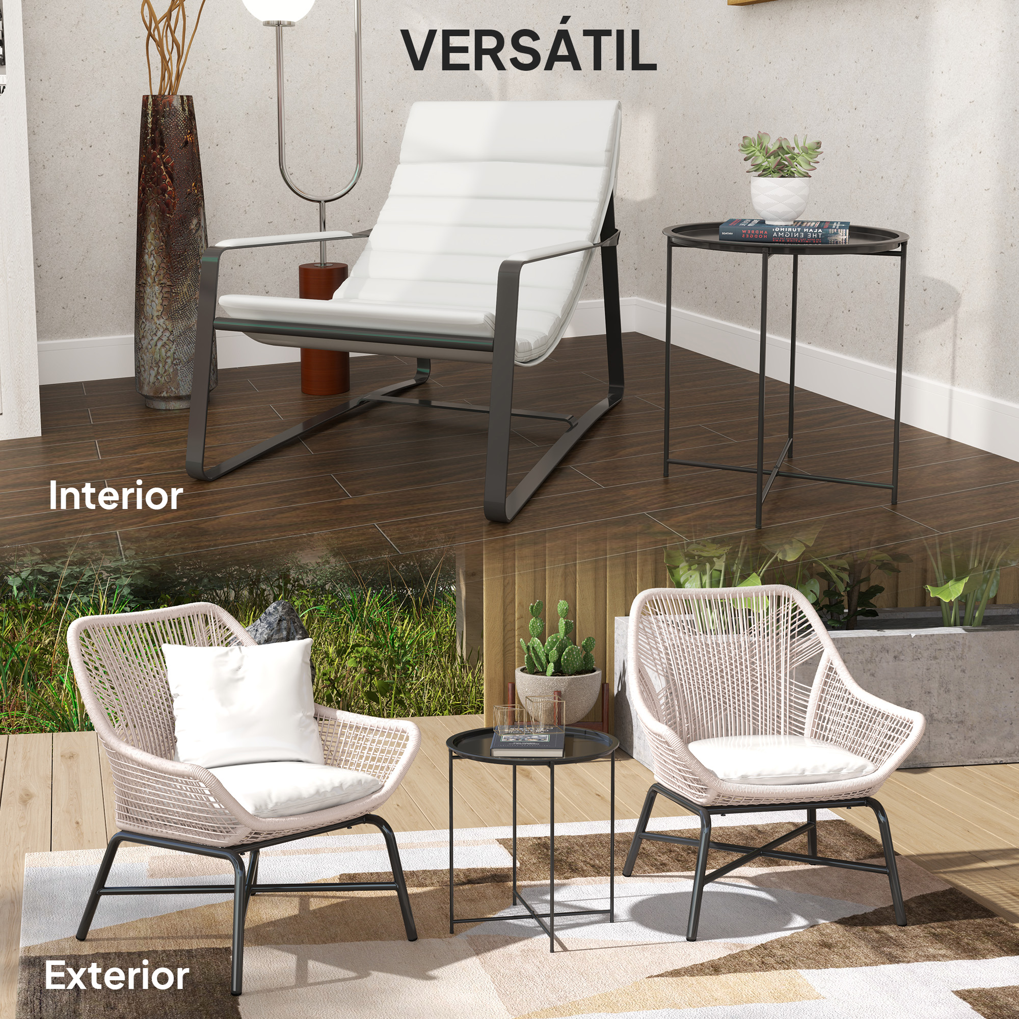 Interior con silla blanca y mesa auxiliar, y exterior con dos sillas tejidas.