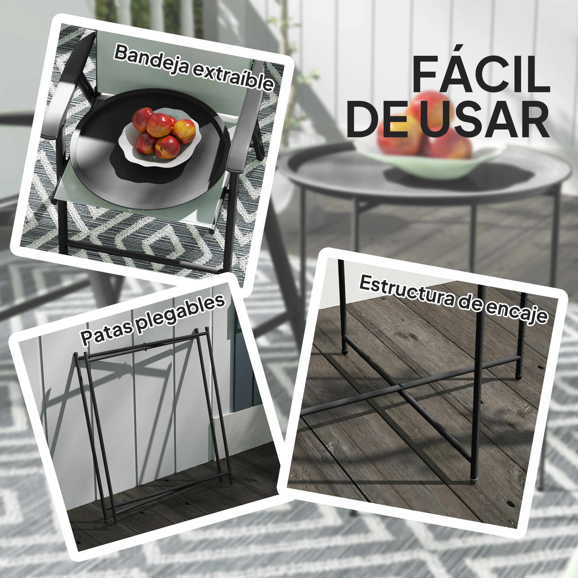 Bandeja extraíble, patas plegables y estructura de encaje.