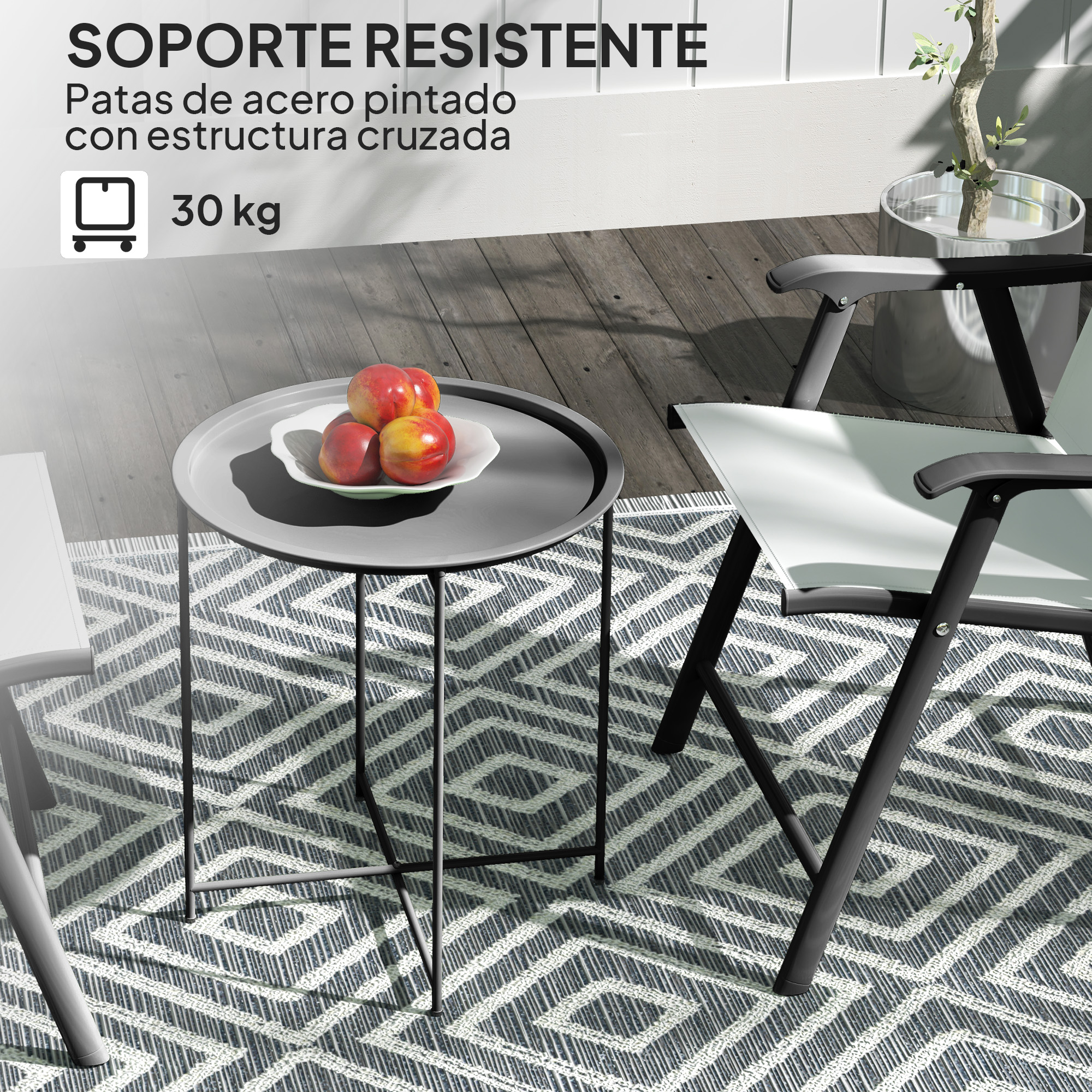 Mesa auxiliar gris con fruta, dos sillas, alfombra y planta.