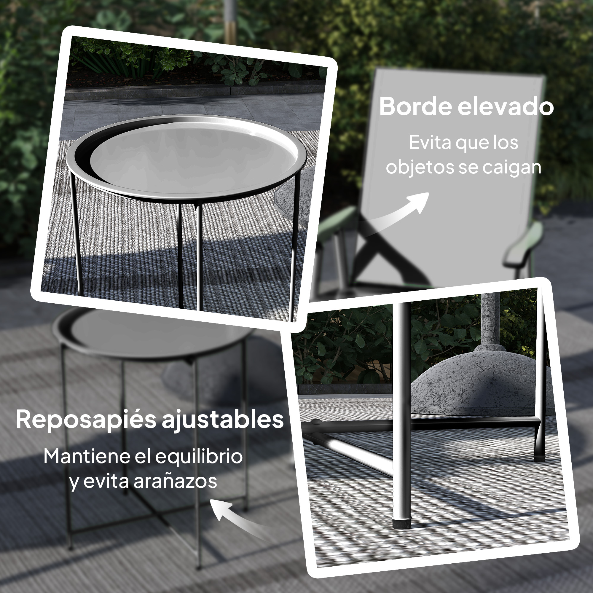 Mesa redonda con borde elevado y patas ajustables al aire libre.
