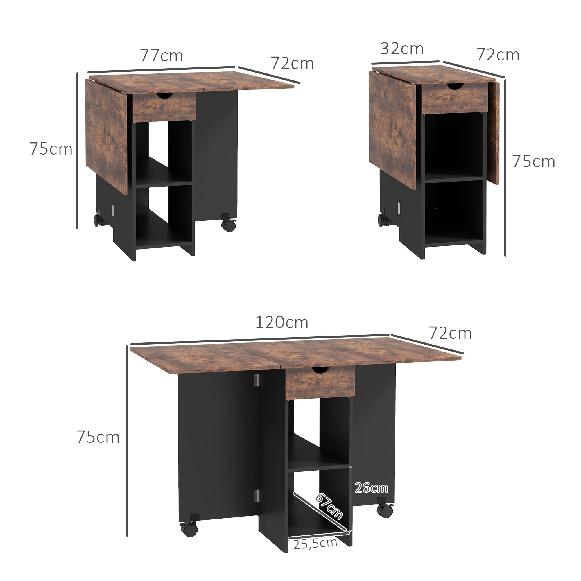 Mesa extensible con tapa de madera y laterales negros, dimensiones 120x75x75cm.