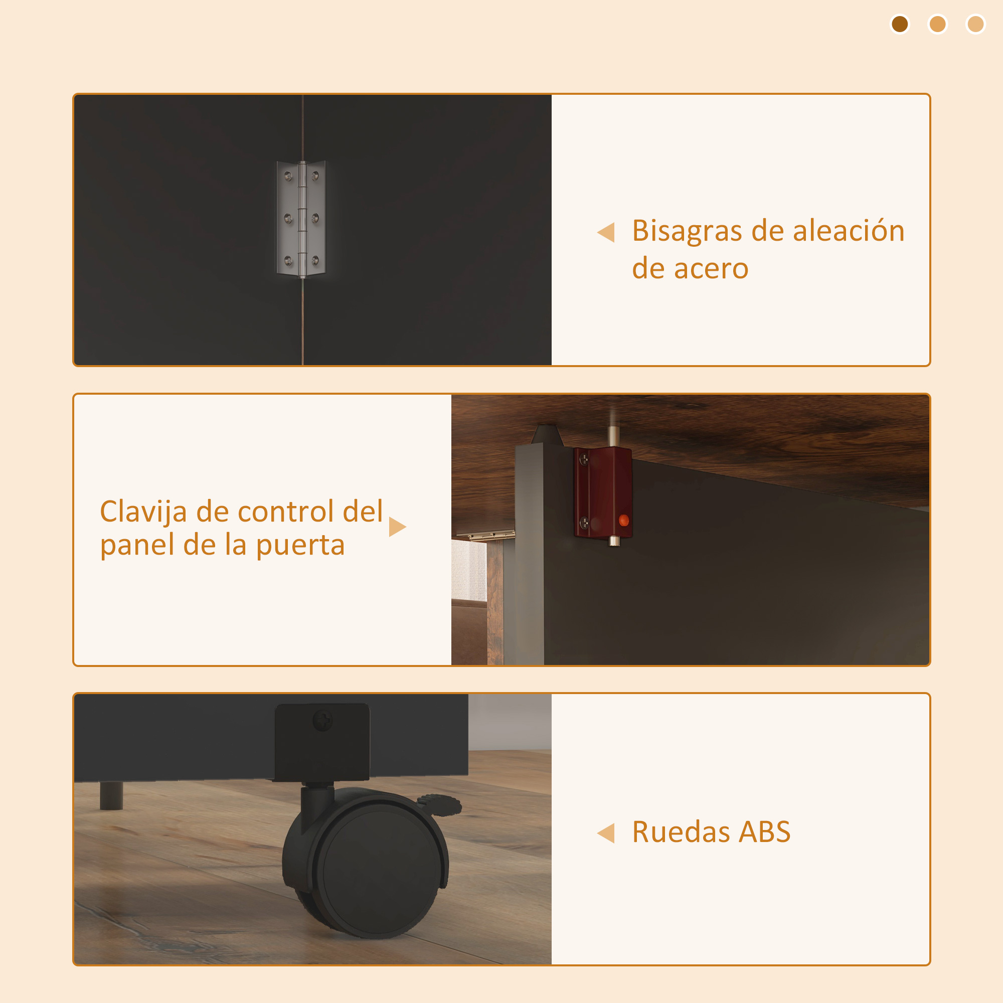 Primer plano de bisagras de puertas de muebles, pestillo de panel y ruedas ABS.