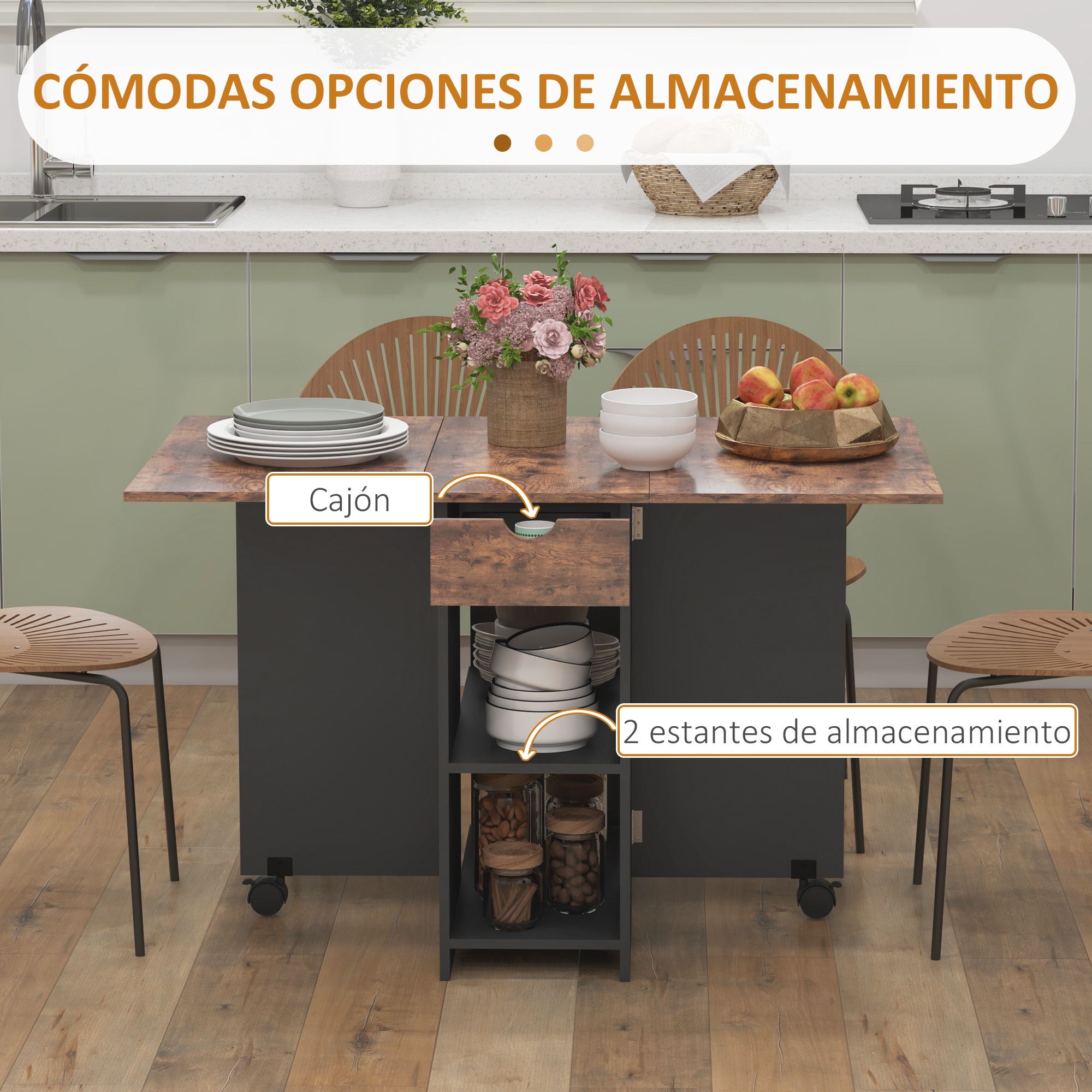 Una mesa de comedor extensible con almacenamiento, mostrada en una cocina.