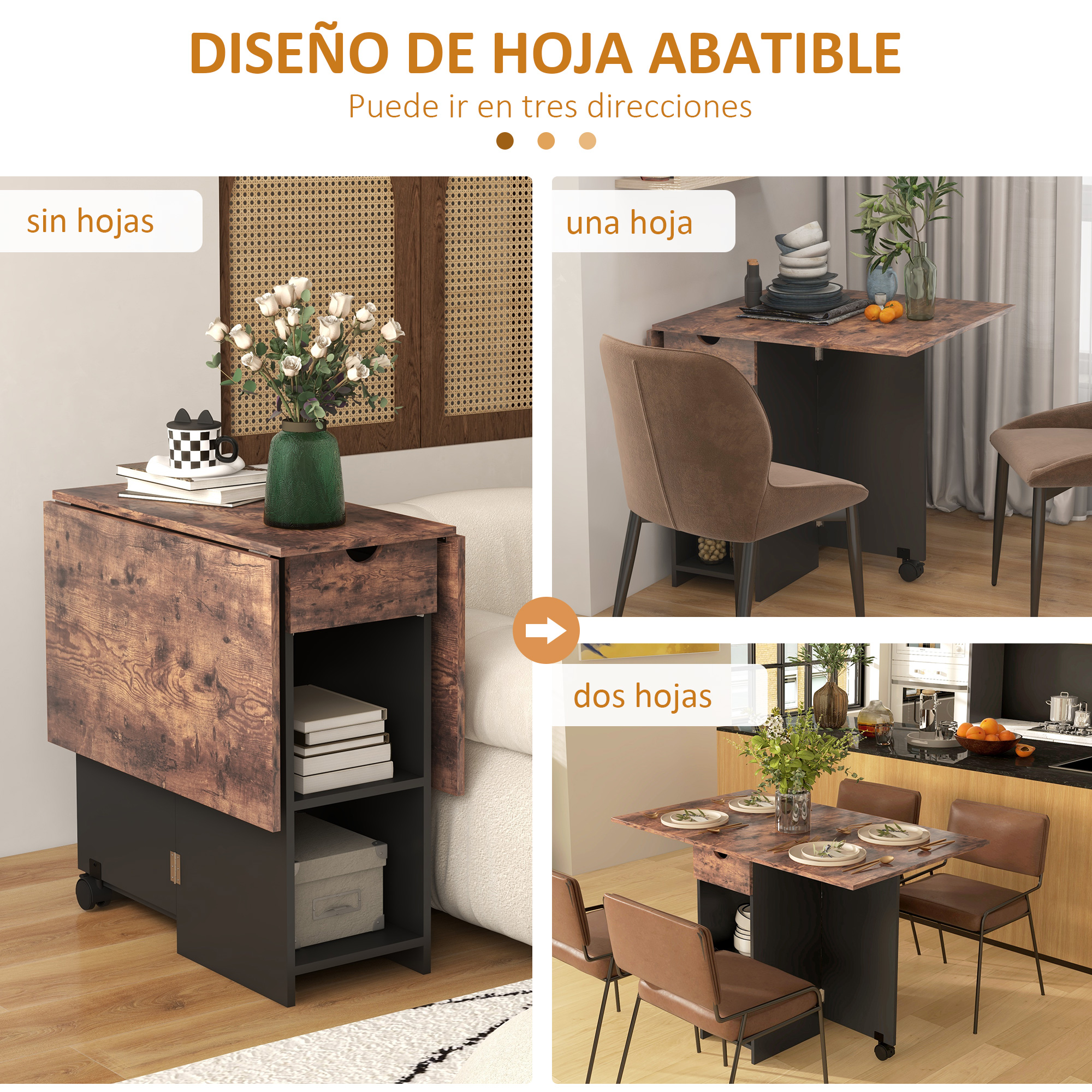 Mesa plegable en tres tamaños: sin extensiones, una extensión, dos.