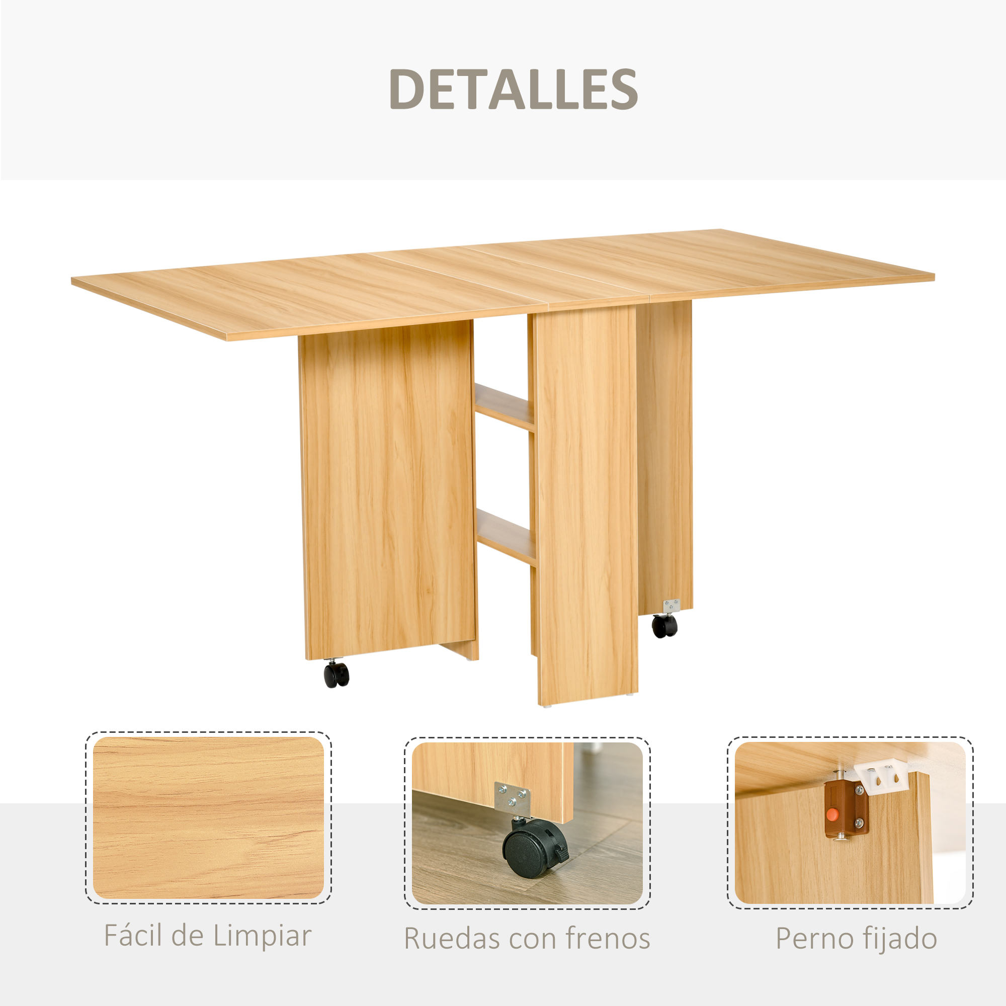 Una mesa plegable de madera con ruedas y estantes, detalles abajo.