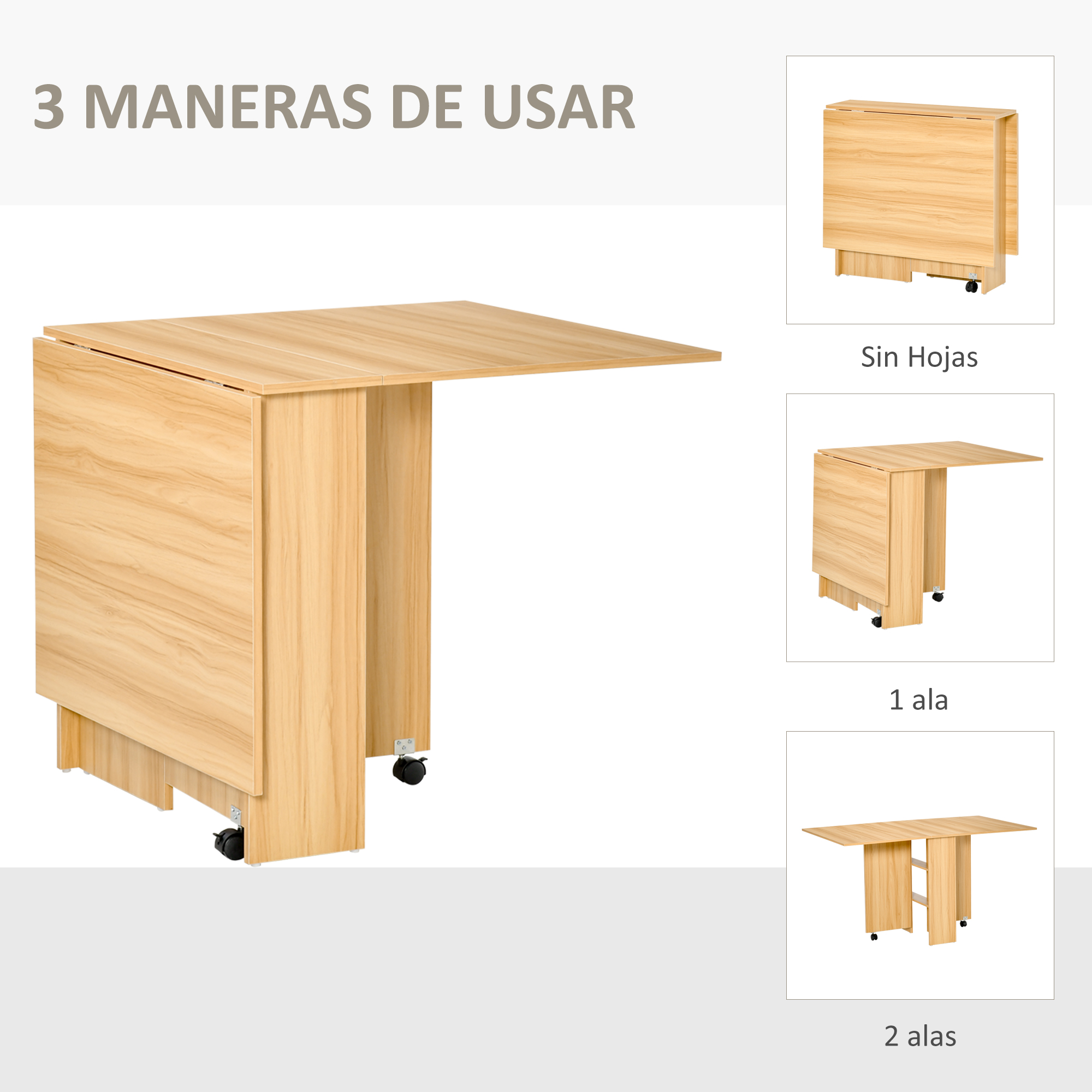 Una mesa plegable de madera clara con ruedas, mostrada en tres configuraciones: cerrada, una extensión, dos extensiones.