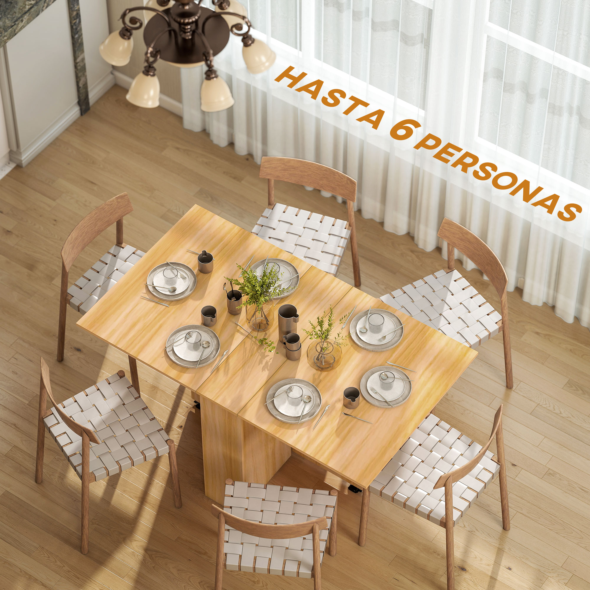Comedor con mesa de madera, seis sillas y decoración. Escrito "HASTA 6 PERSONAS".