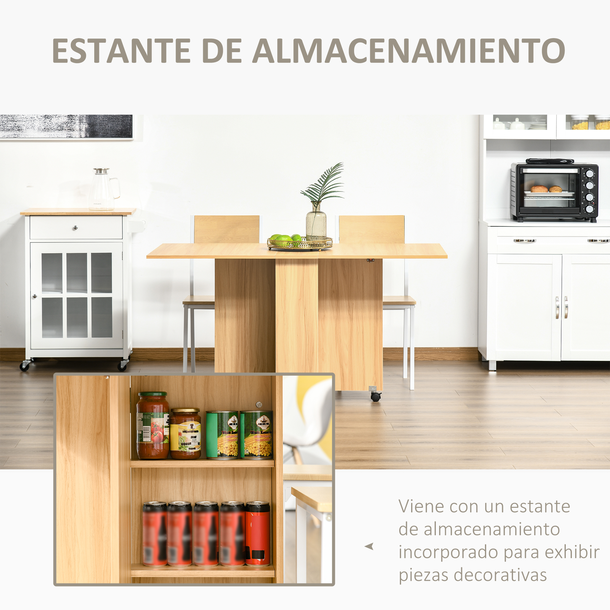 Mesa de cocina con sillas, un armario y un horno. Primer plano muestra alimentos en un estante.