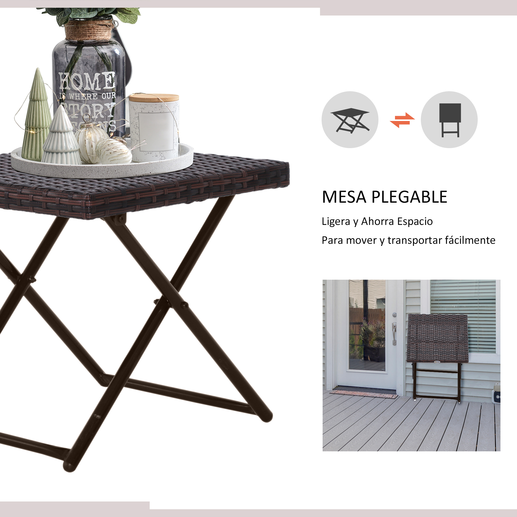 Mesa plegable de mimbre marrón con adornos, junto a una imagen plegada.
