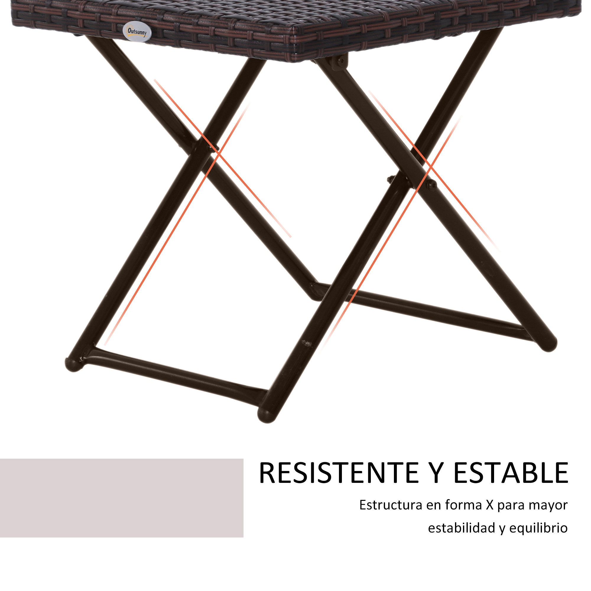 Mesa de ratán marrón con patas metálicas en X y texto.