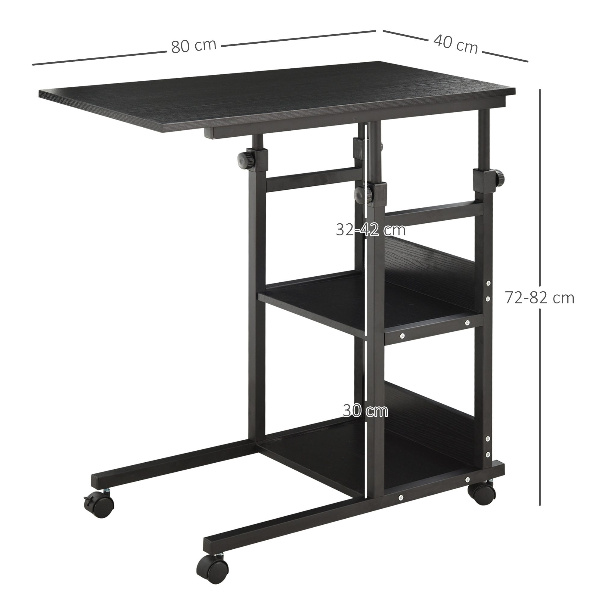 Carrito negro con ruedas, mesa ajustable y dos estantes. Dimensiones mostradas.