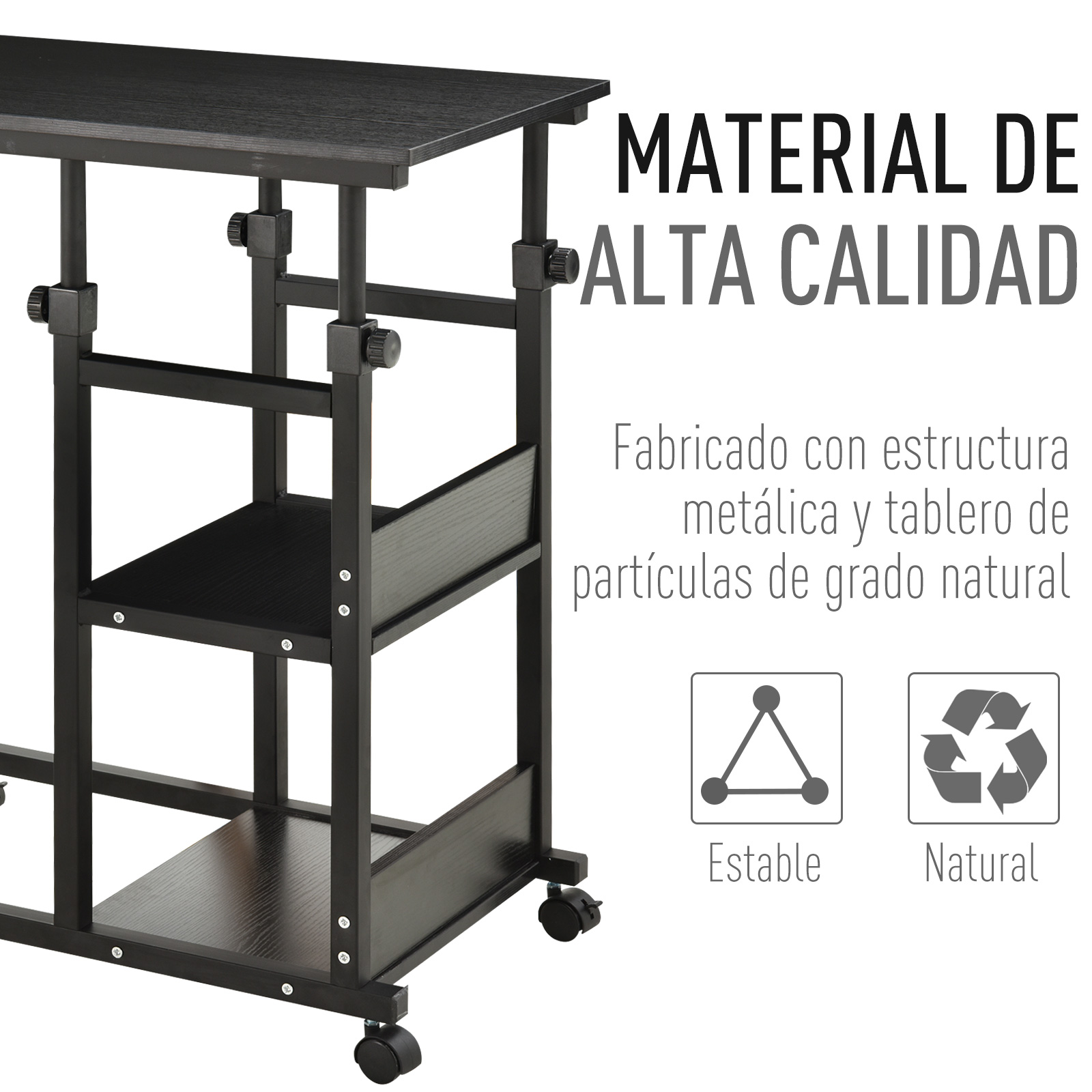 Un escritorio negro con ruedas, dos estantes y texto.