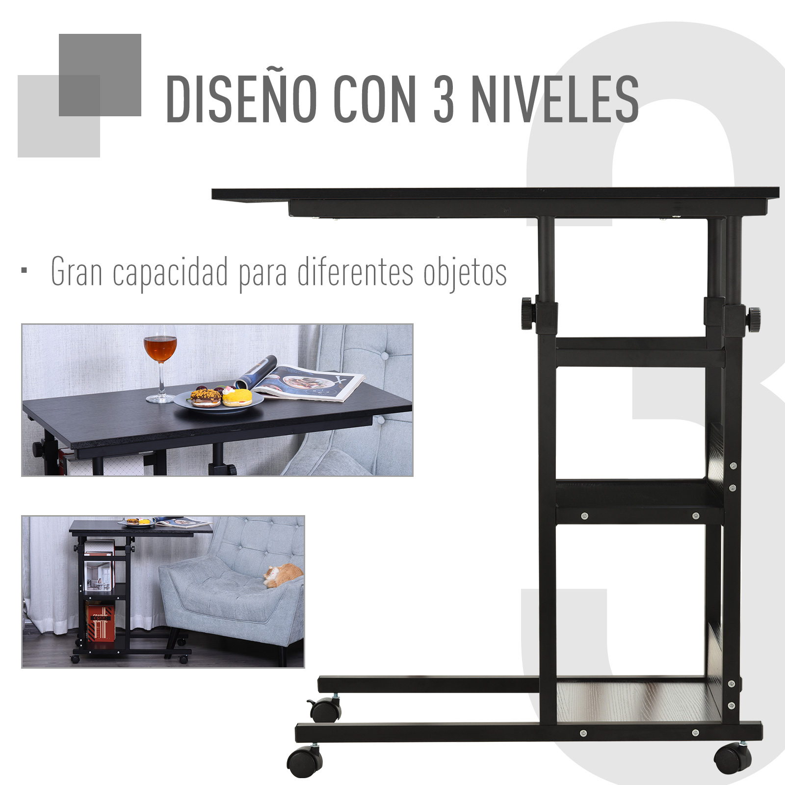 Una mesa auxiliar negra con ruedas, tres estantes y una encimera.