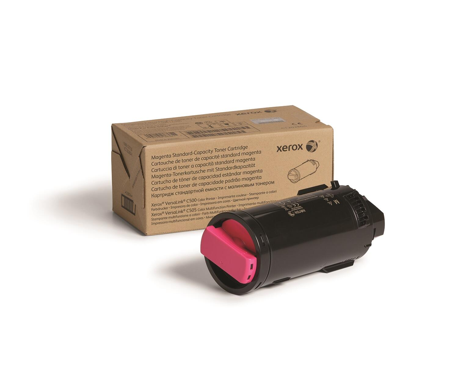 Cartuccia toner Xerox magenta e scatola su sfondo bianco.