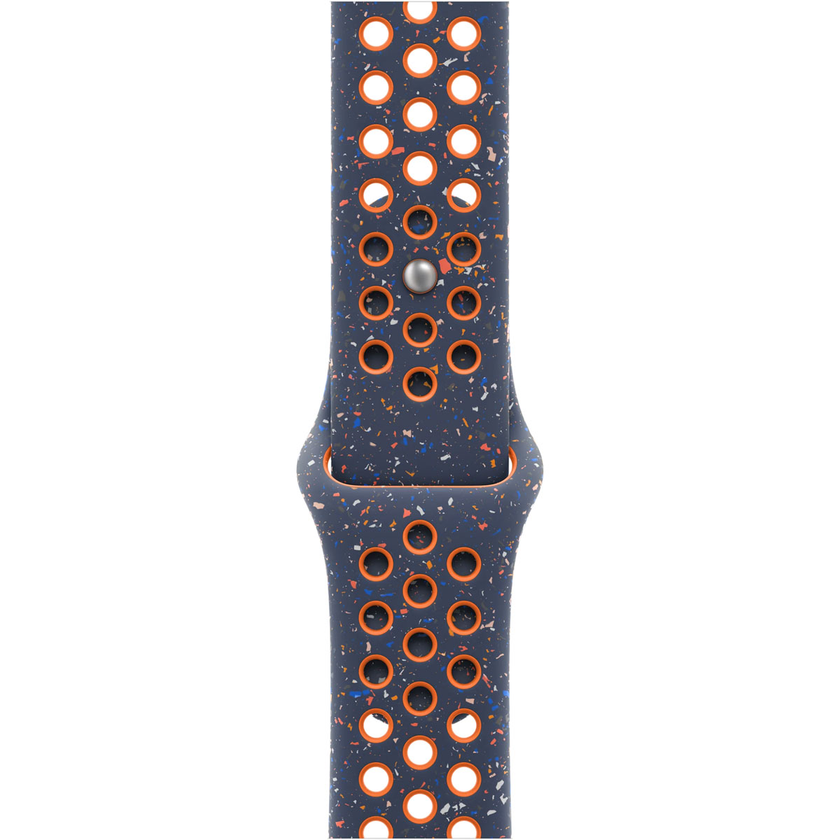 Dark gray watch band with orange rings around holes and colorful speckles.