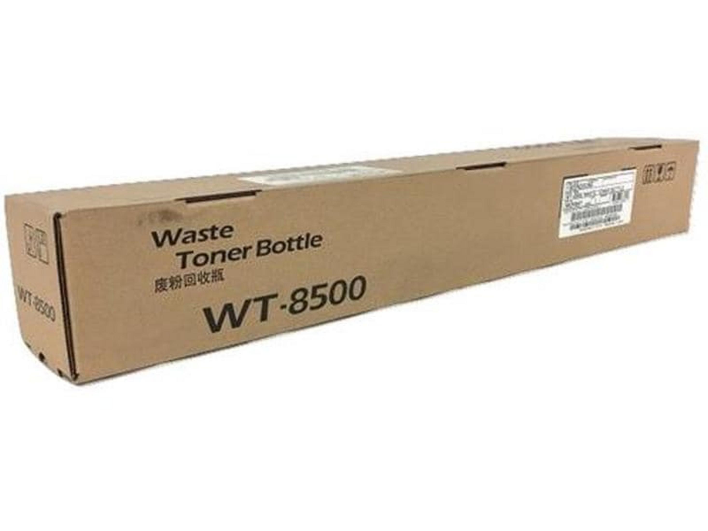 Scatola di cartone marrone con scritta 'Waste Toner Bottle WT-8500'.