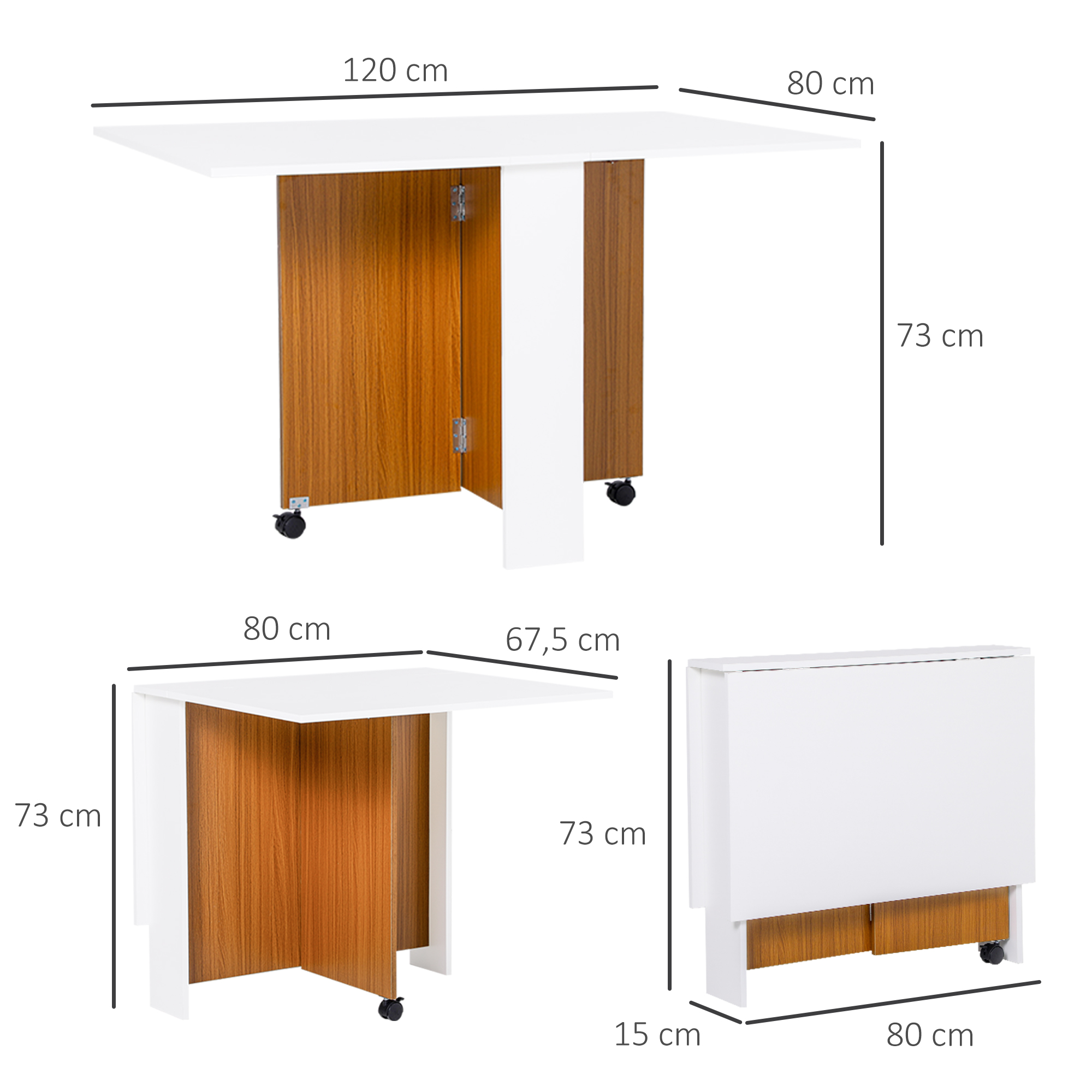 Mesa plegable blanca con detalles de madera y ruedas. Dimensiones mostradas.