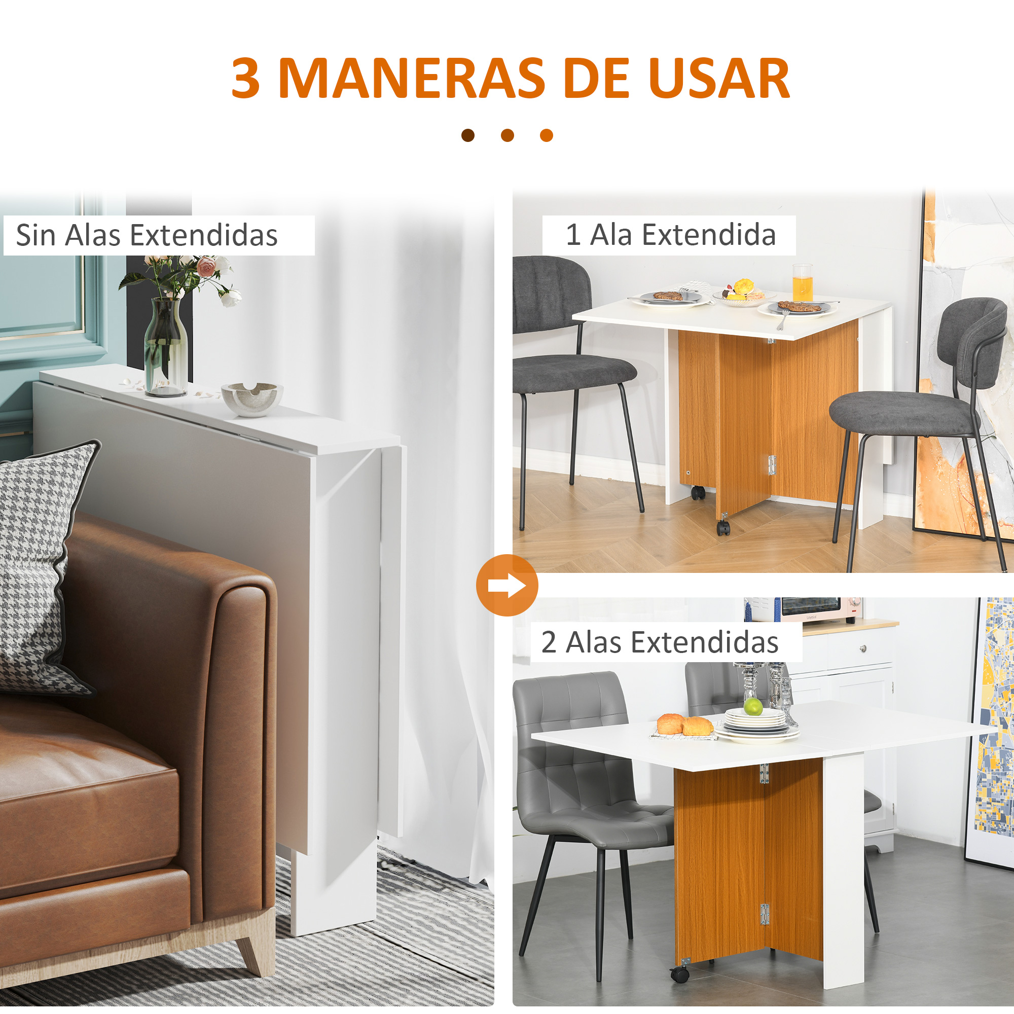 Una mesa plegable en tres modos: cerrada, con una o dos alas extendidas.