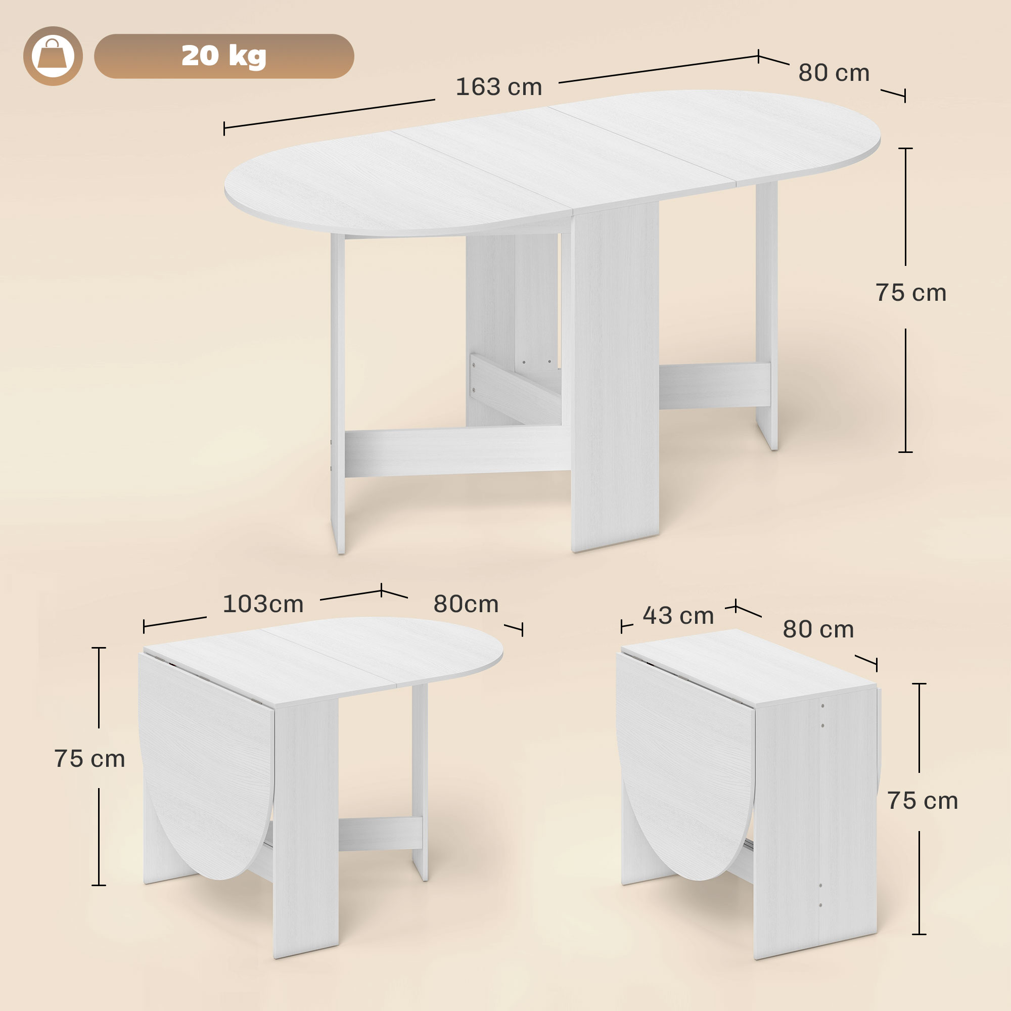 Mesa de comedor ovalada blanca, mostrada extendida, parcialmente plegada y plegada. Carga máx 20kg.