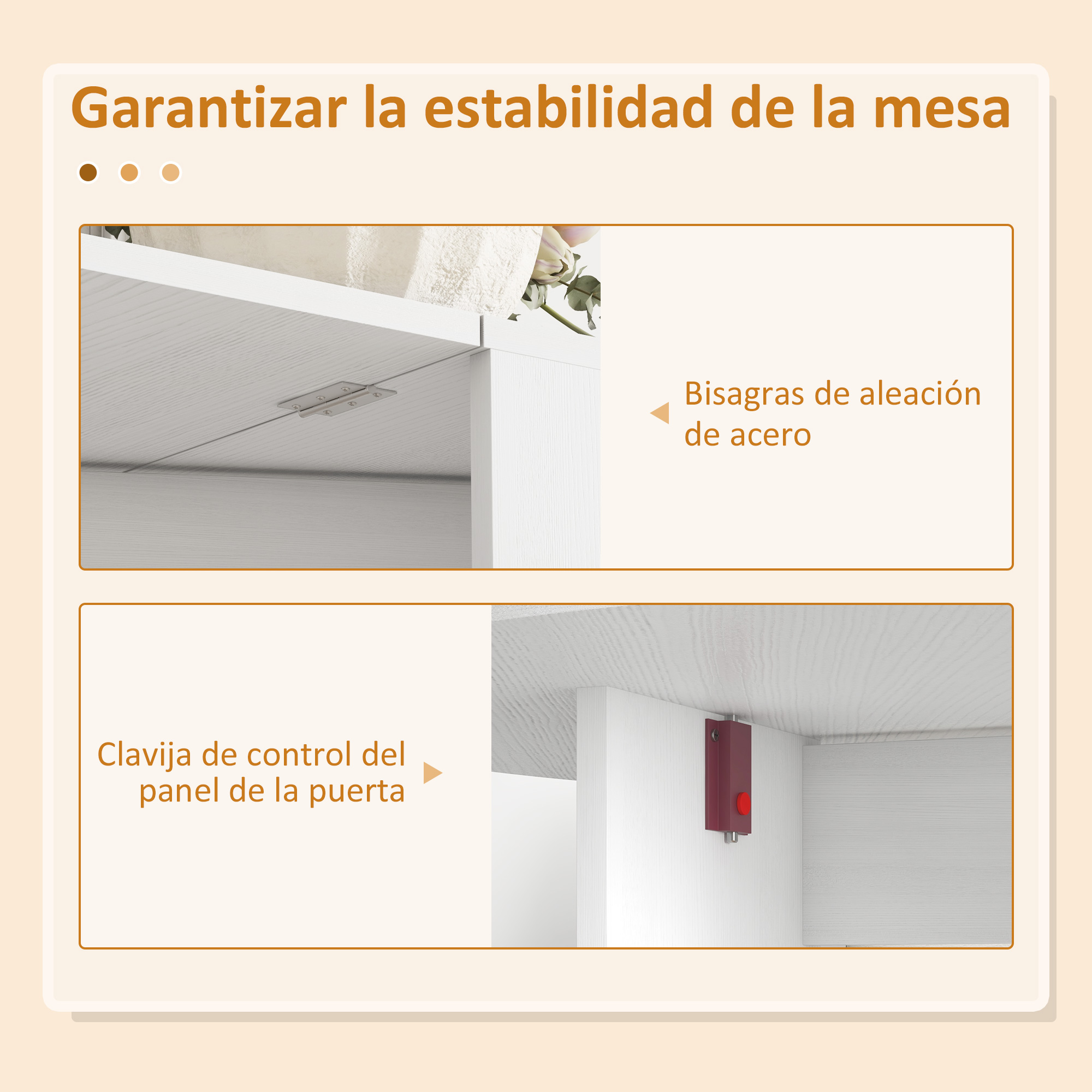 Primer plano de herrajes de muebles: bisagras de acero y pasador.