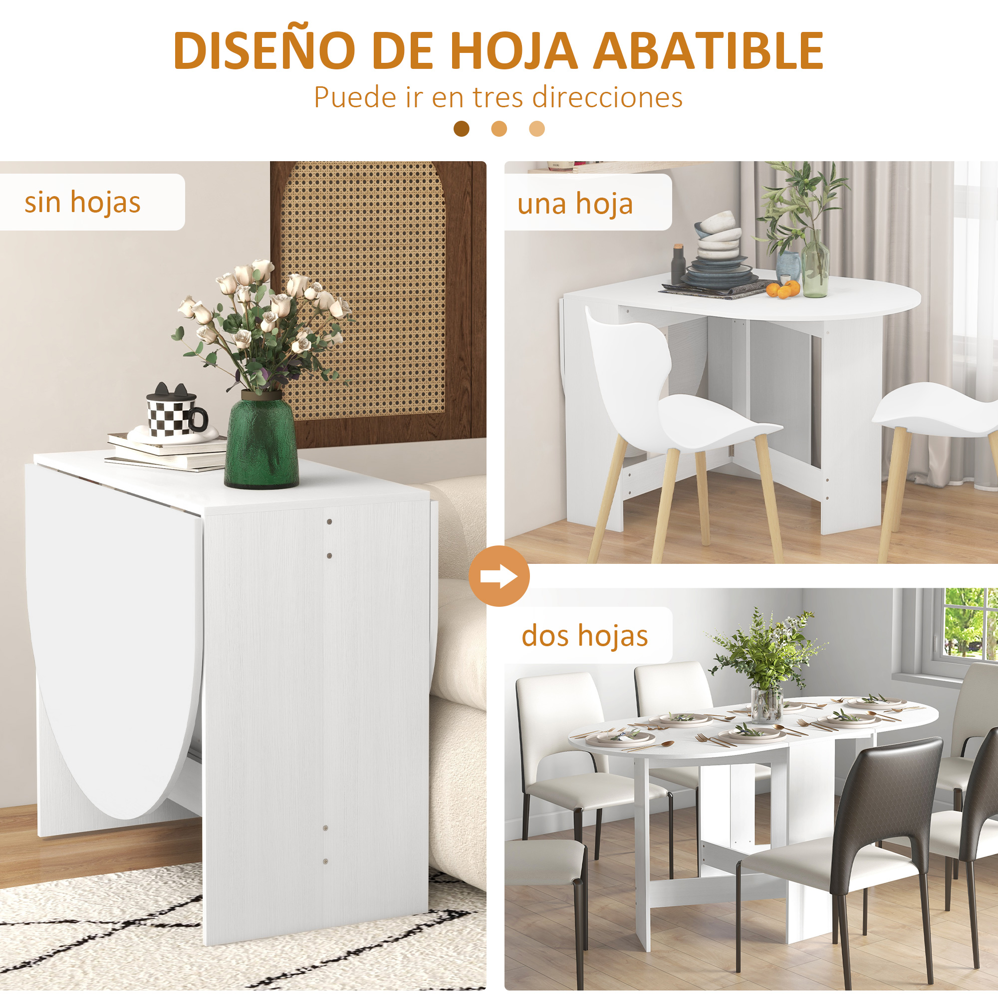 Una mesa de comedor blanca en tres tamaños: sin extensiones, con una extensión o dos.