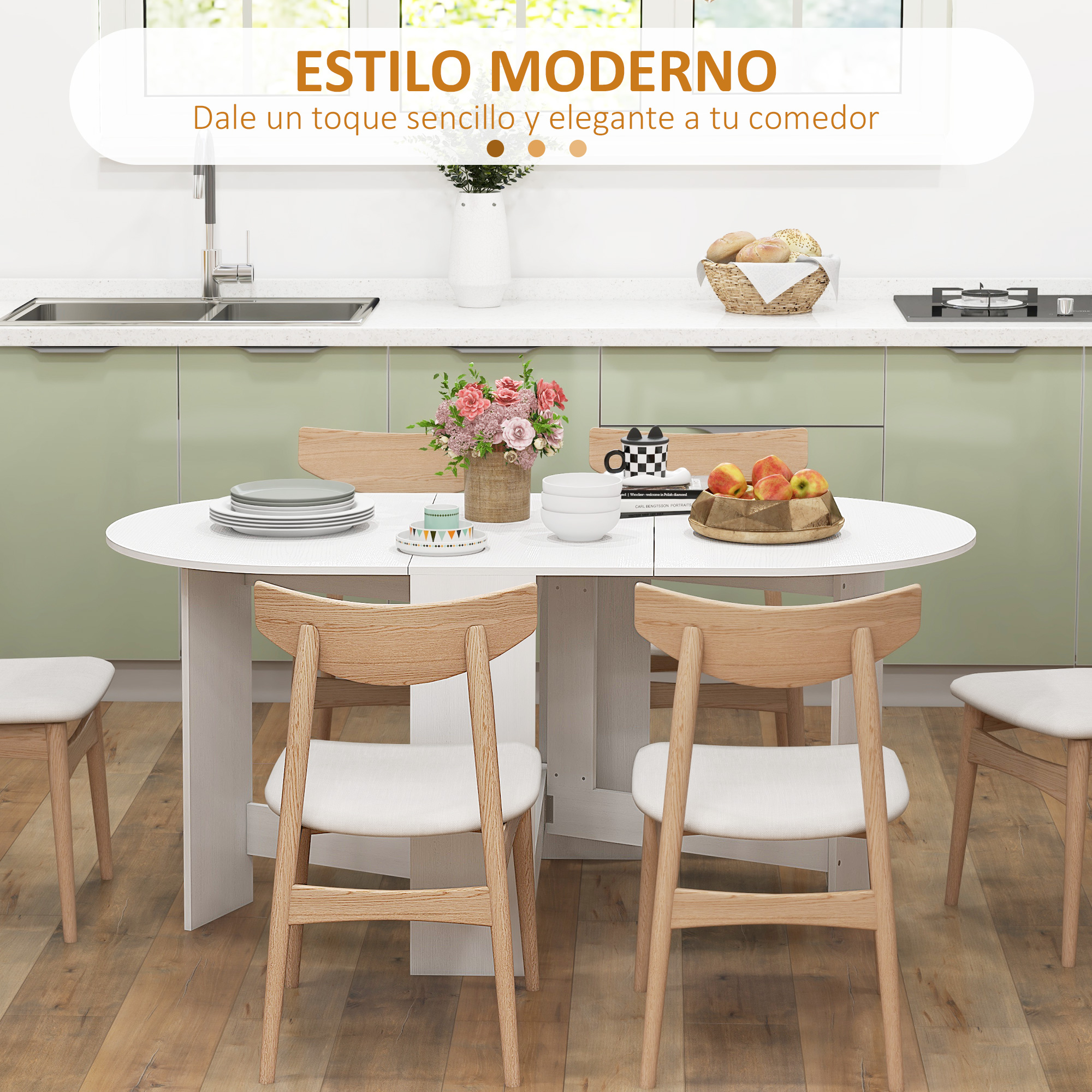 Juego de comedor moderno con mesa ovalada blanca, sillas de madera y centro floral.