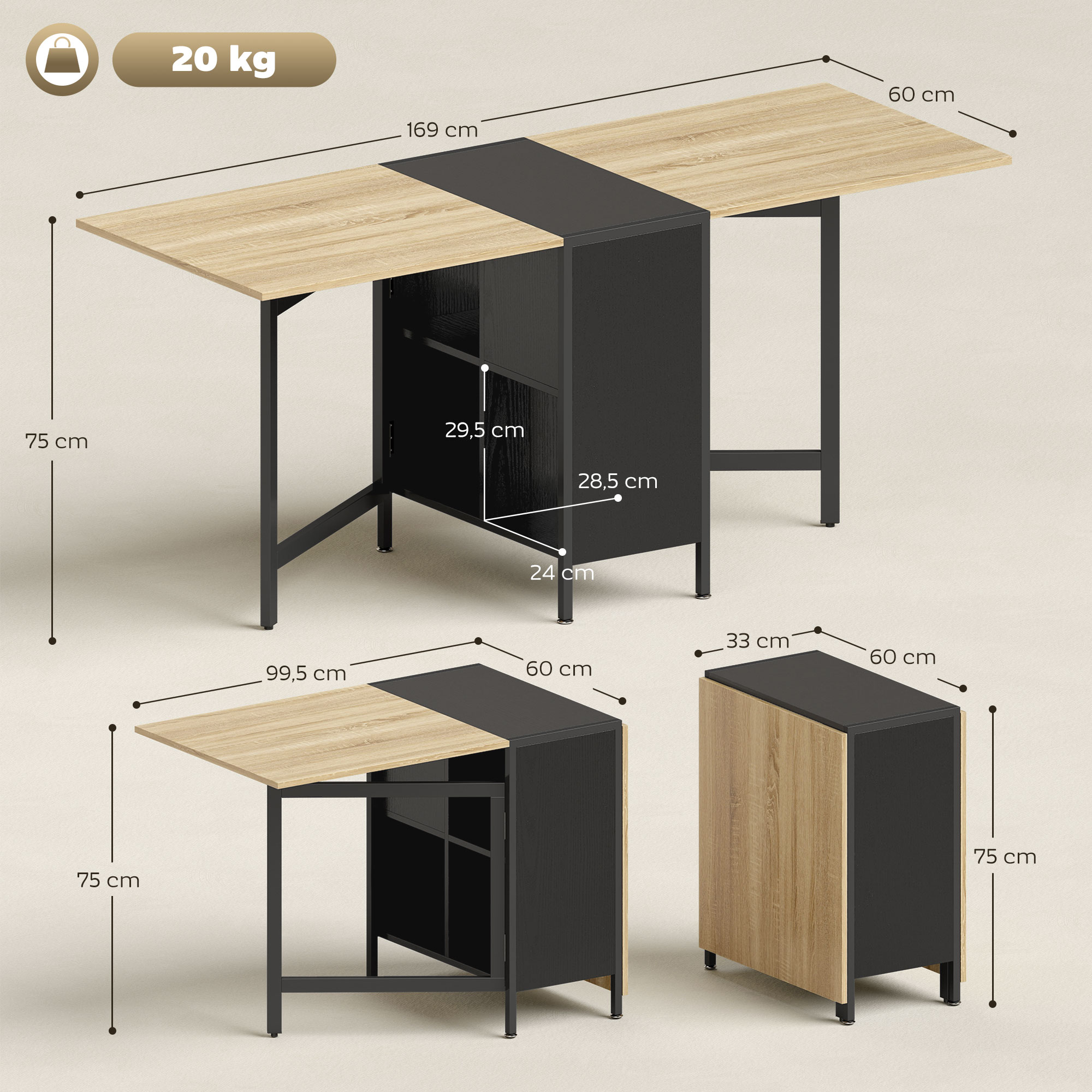 Mesa extensible con acabado de madera y elementos negros, se muestran las dimensiones.