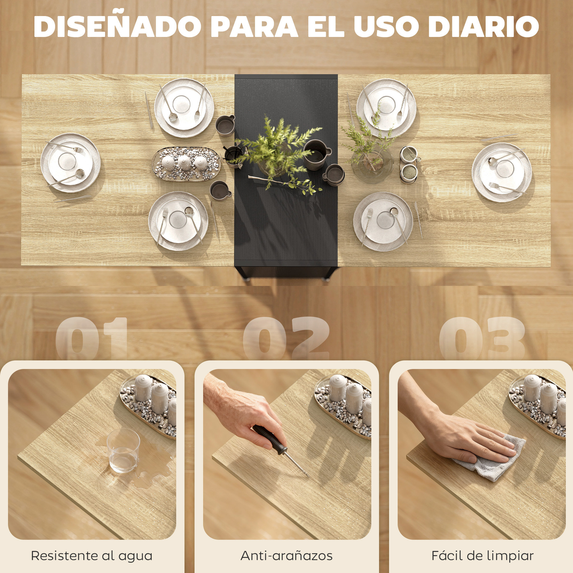 Mesa de madera con servicio, plantas y decoración. Abajo: agua, arañazos, limpieza.