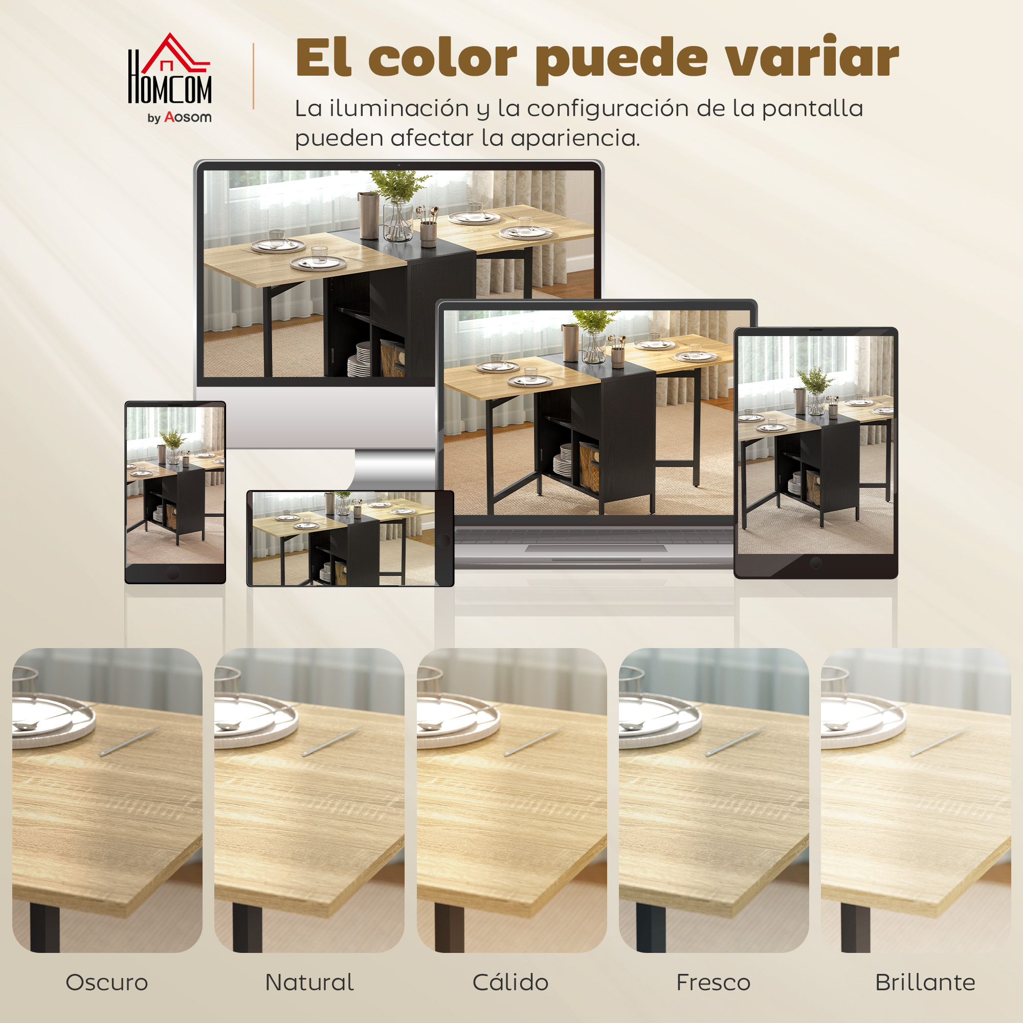 Mesa de madera en varias vistas y variaciones de color.