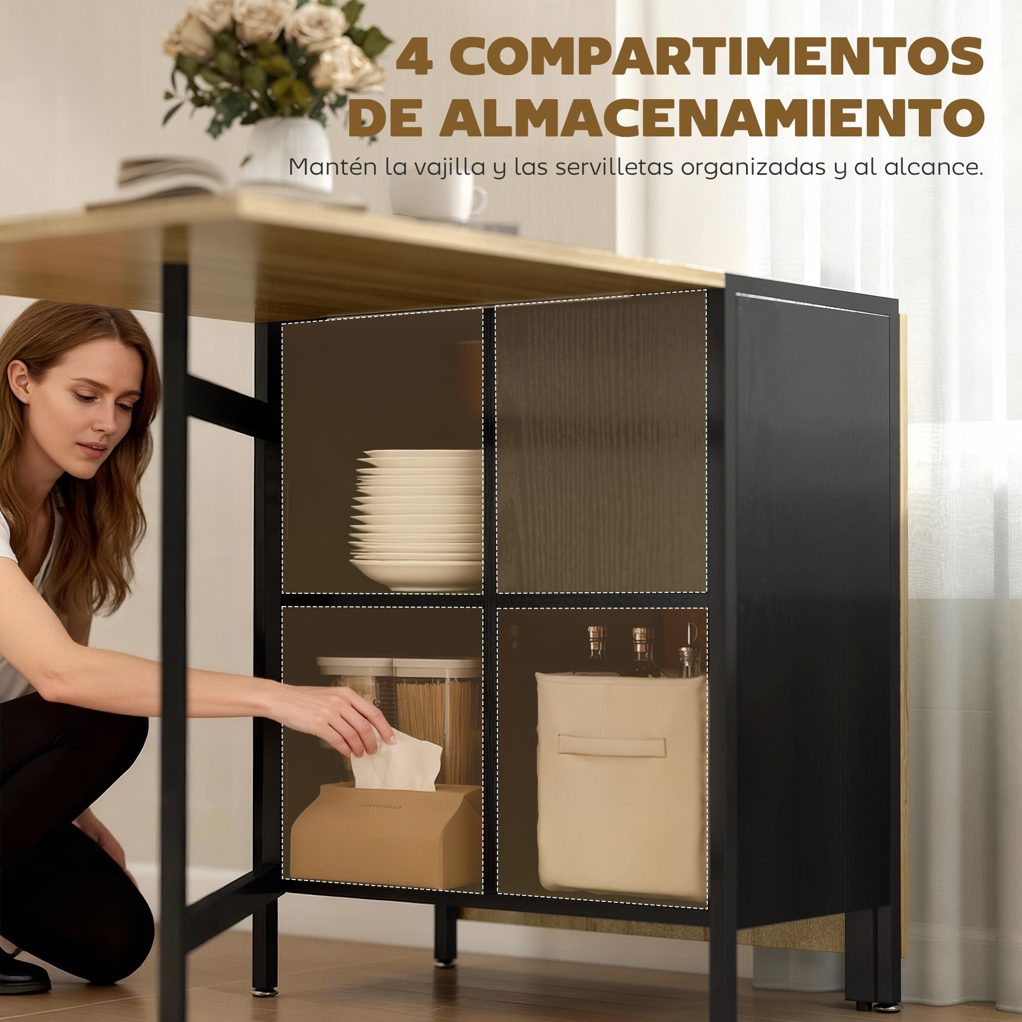 Mujer organizando platos y servilletas en un mueble de cuatro compartimentos.