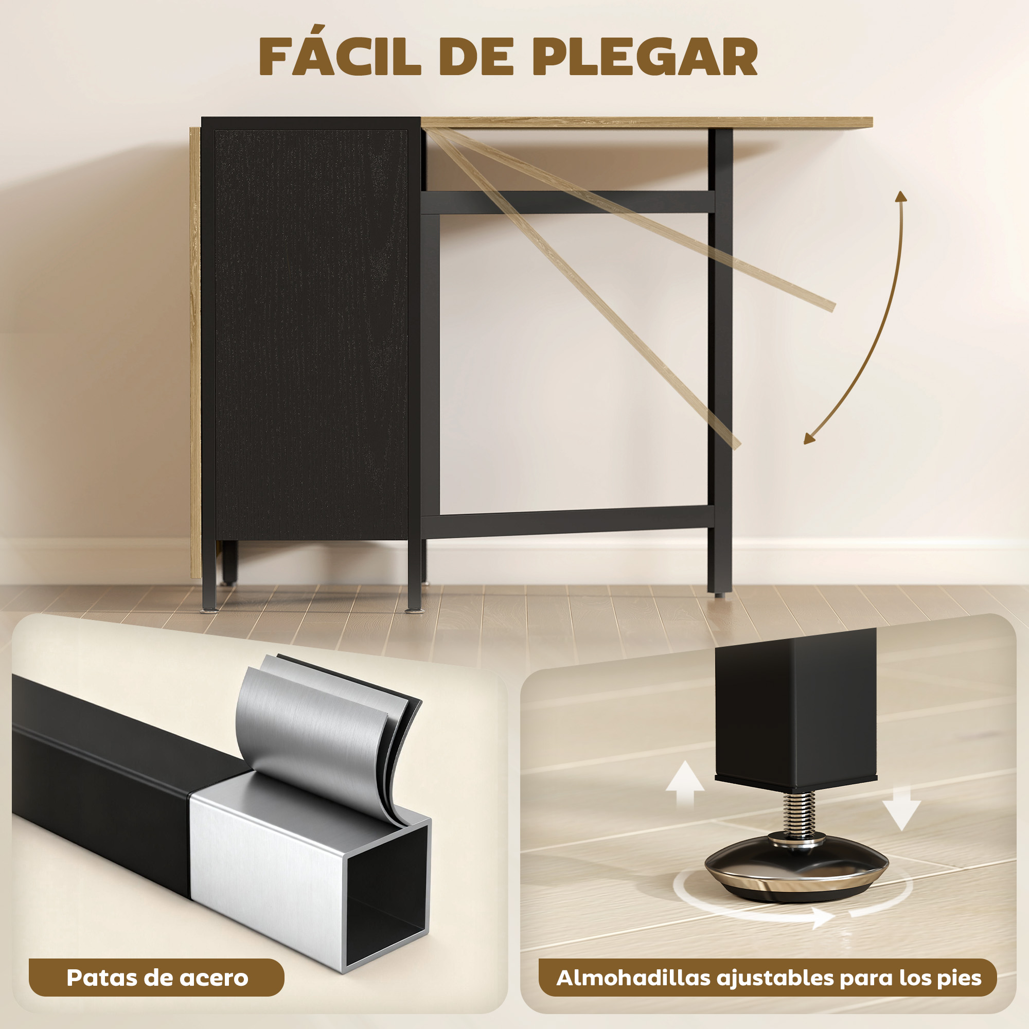Mesa negra con tapa de madera, que se pliega. Primeros planos de patas de acero y pies ajustables.