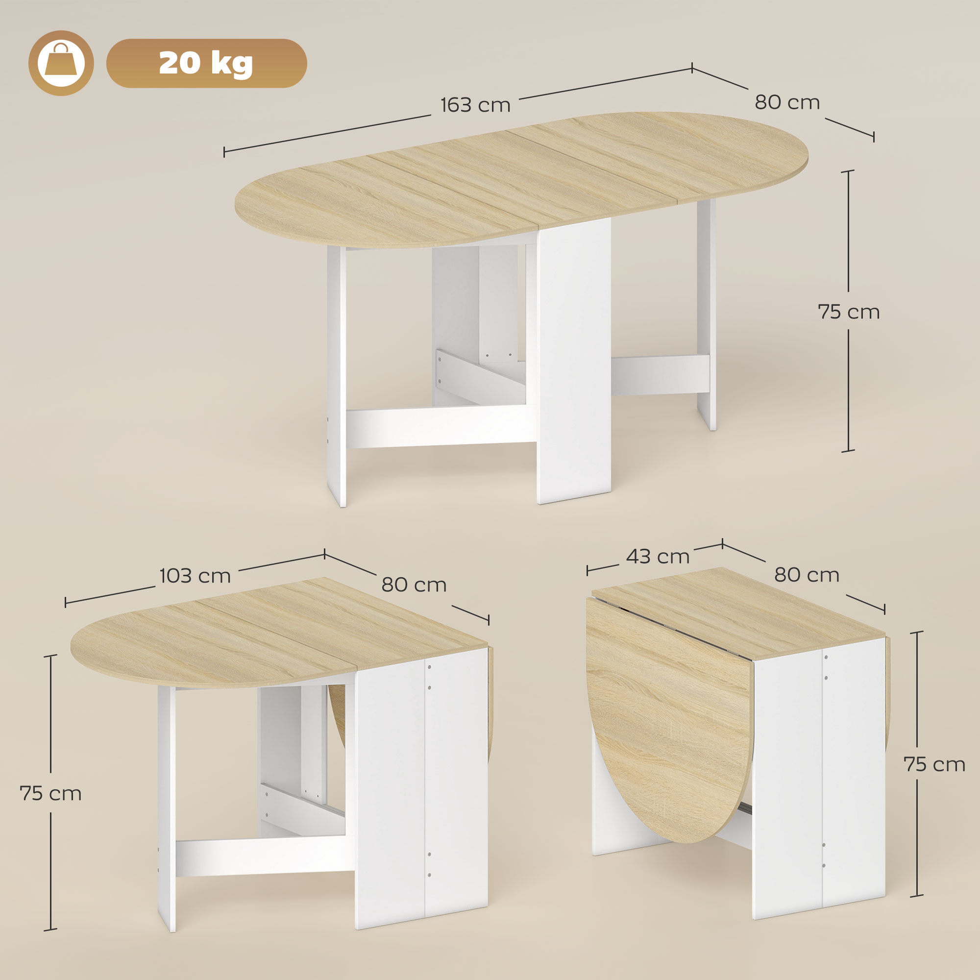 Mesa extensible en tres configuraciones: totalmente extendida, semi-extendida y plegada.