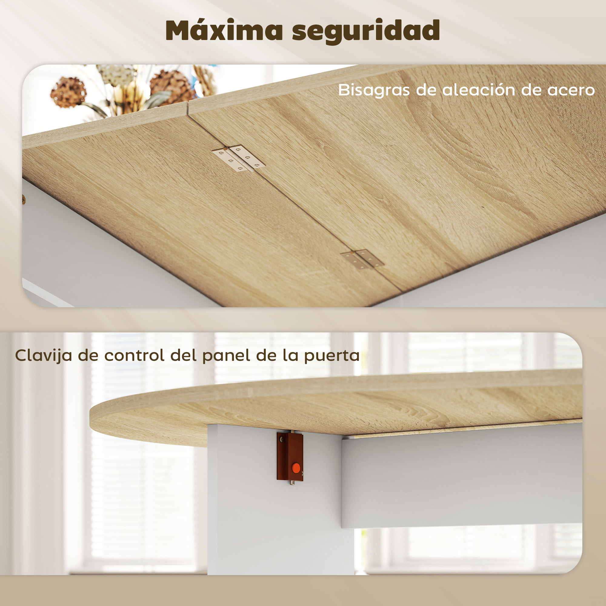 Superficie de madera con bisagras de acero y pestillo.