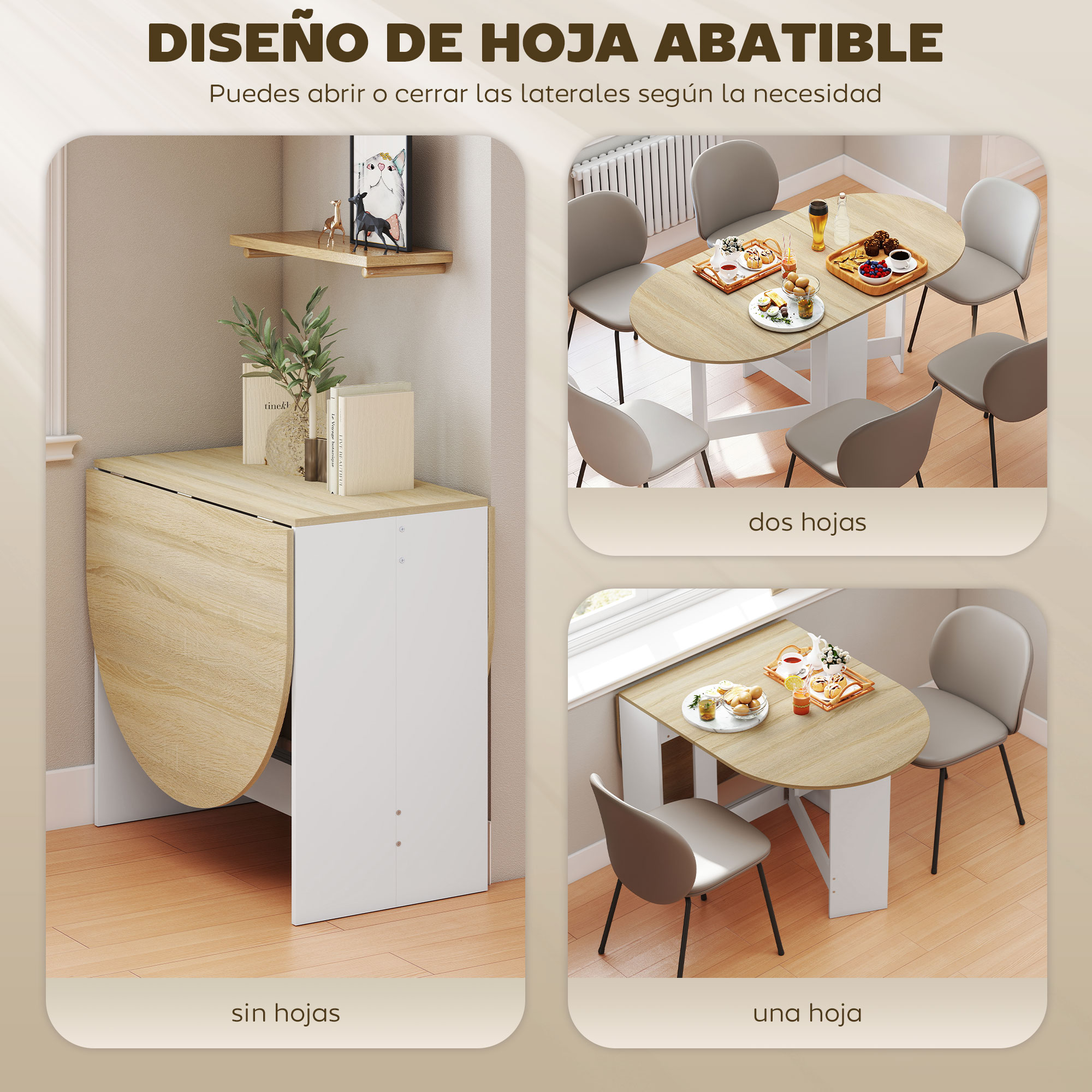 Mesa abatible mostrando opciones con dos o una hoja extendida.