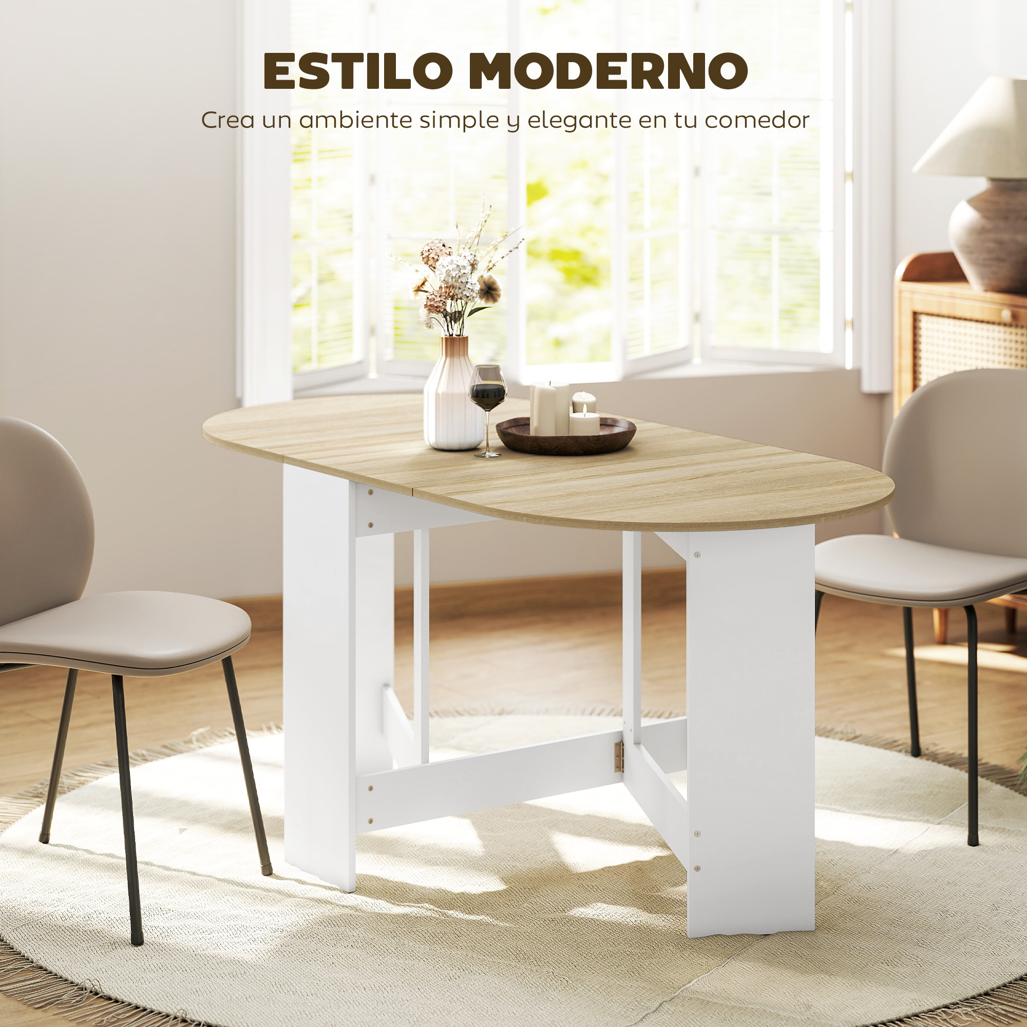 Mesa ovalada con base blanca y tapa de madera, con dos sillas al lado.