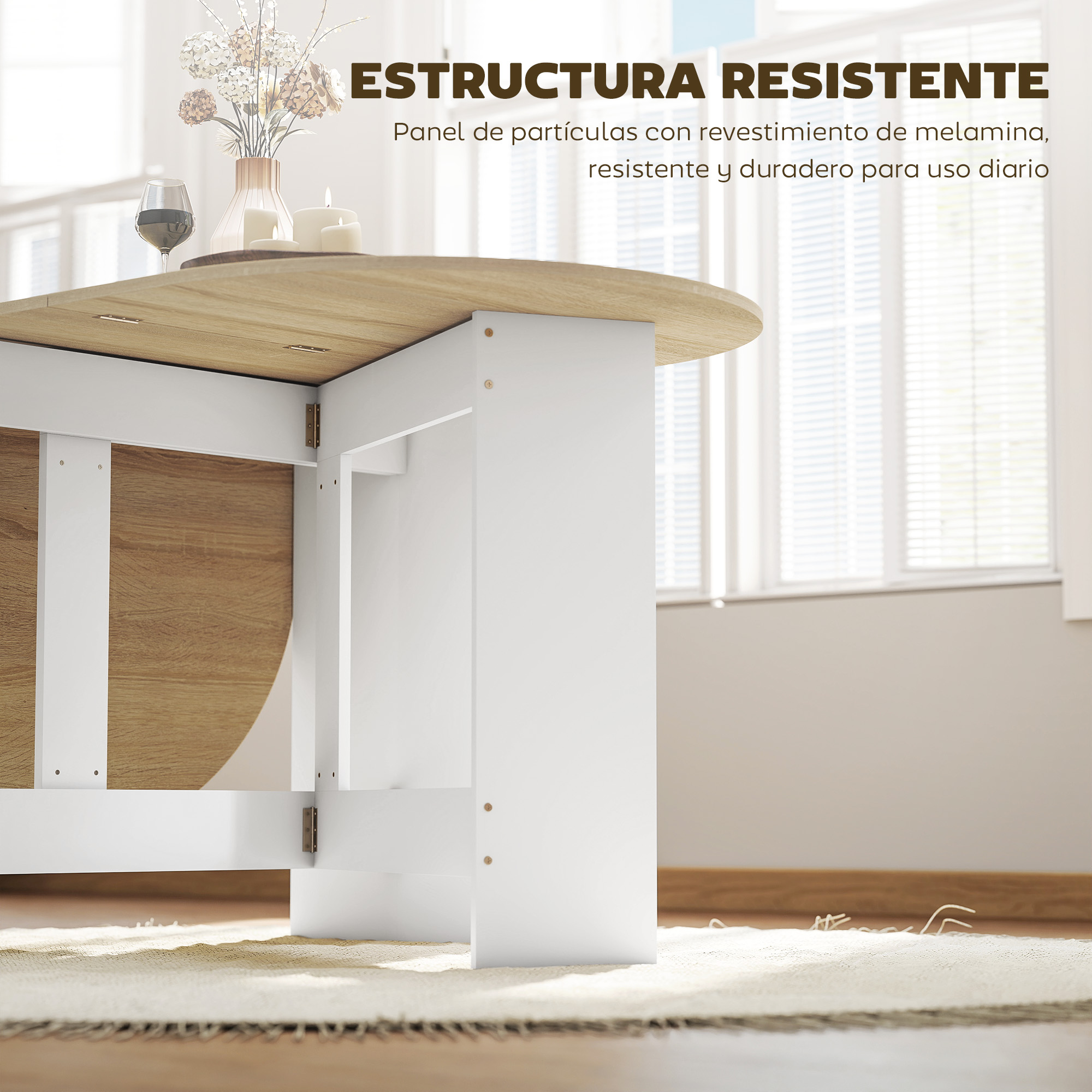 Muebles blancos y de madera con velas y vino.