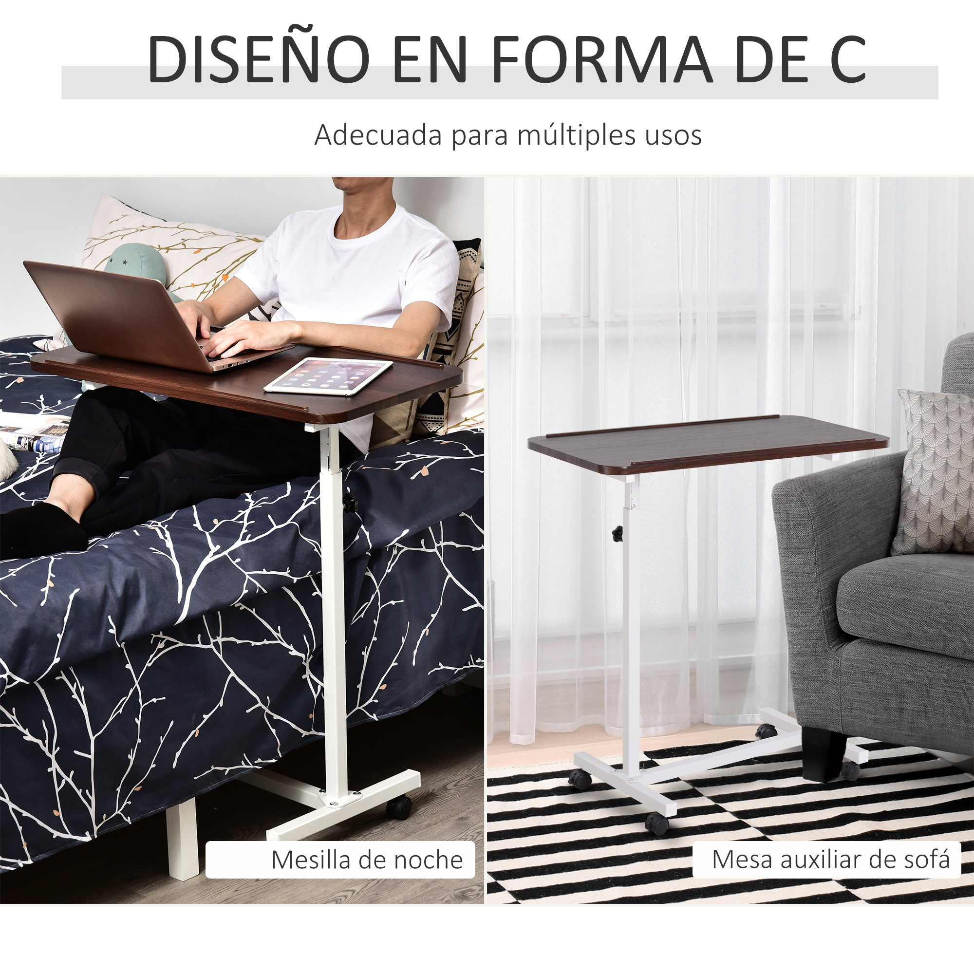 Mesita de noche y mesa auxiliar ajustable, marrón.