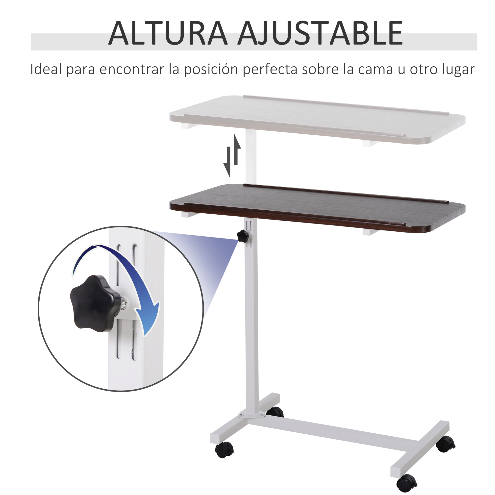 Una mesa regulable en altura con tablero de madera oscura y base metálica.