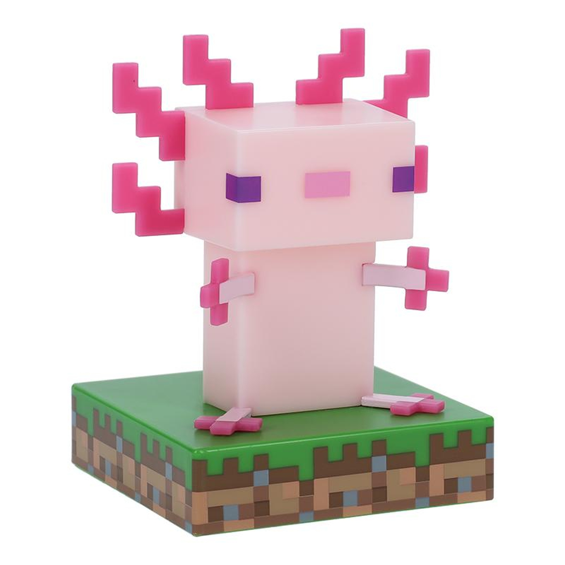 Różowa zabawka axolotla z Minecraft stoi na zielonym krajobrazie Minecraft.