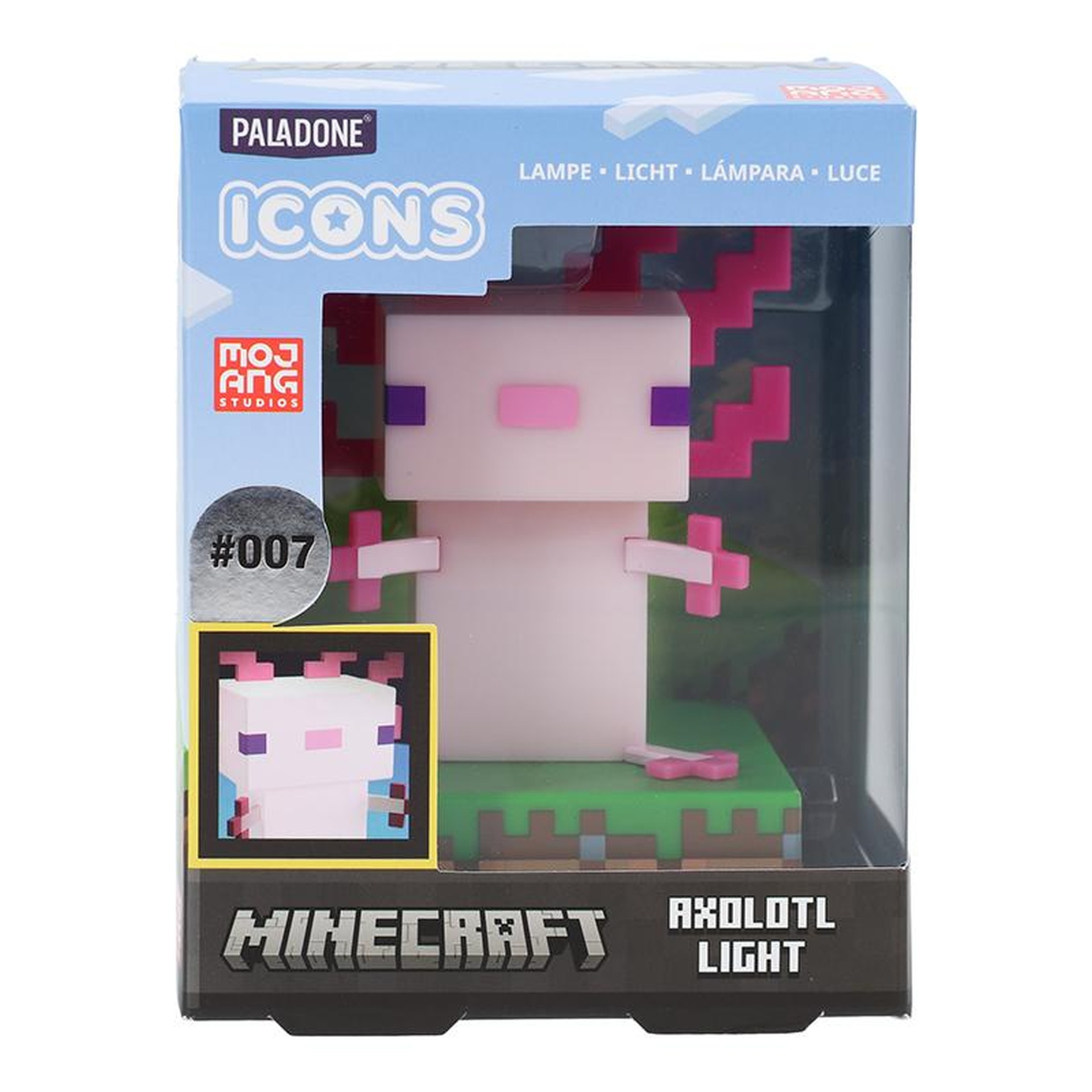 Światło axolotla Minecraft w pudełku. Pikselowy design, różowy i biały.