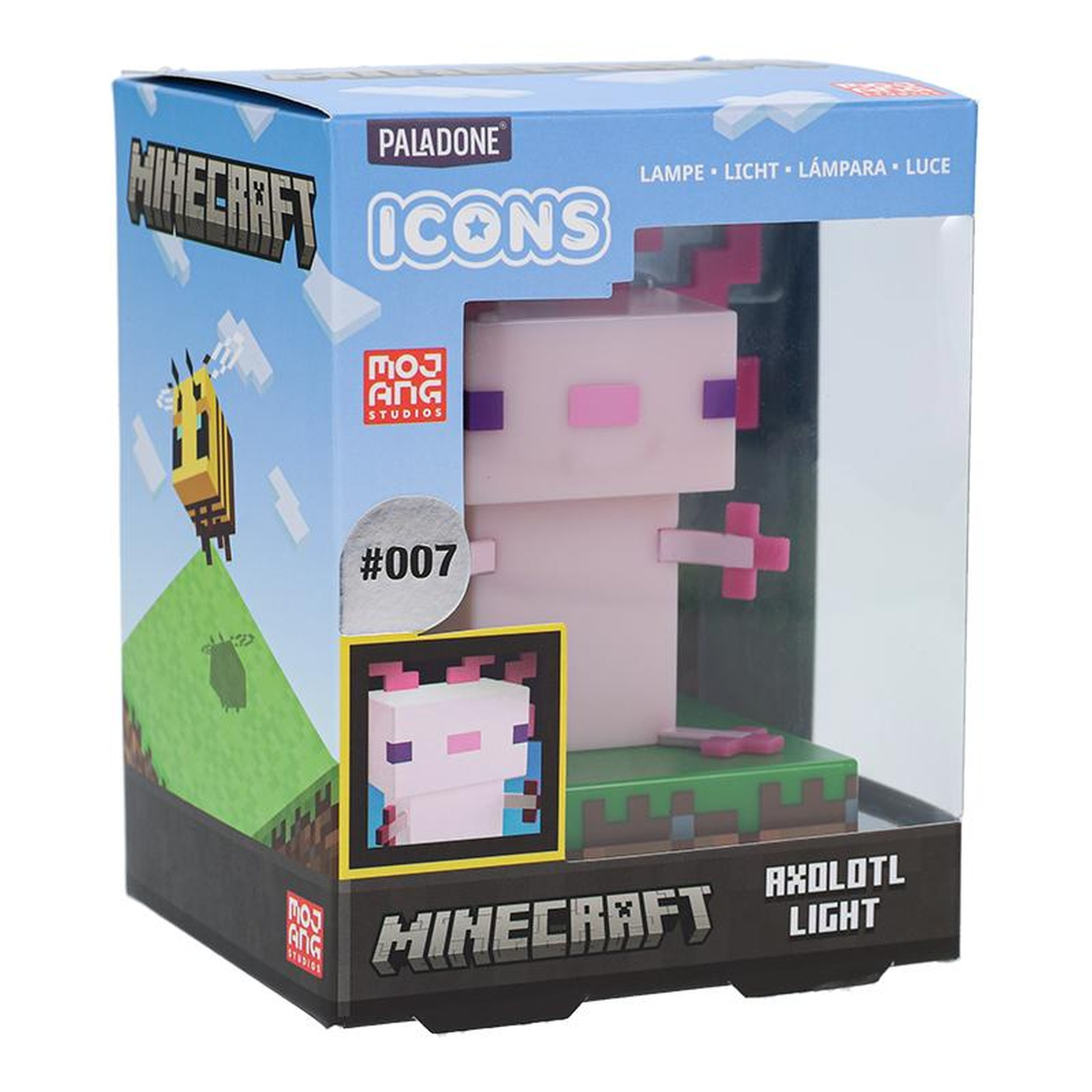 Lampka Minecraft Axolotl w pudełku z pszczołą i krajobrazem.