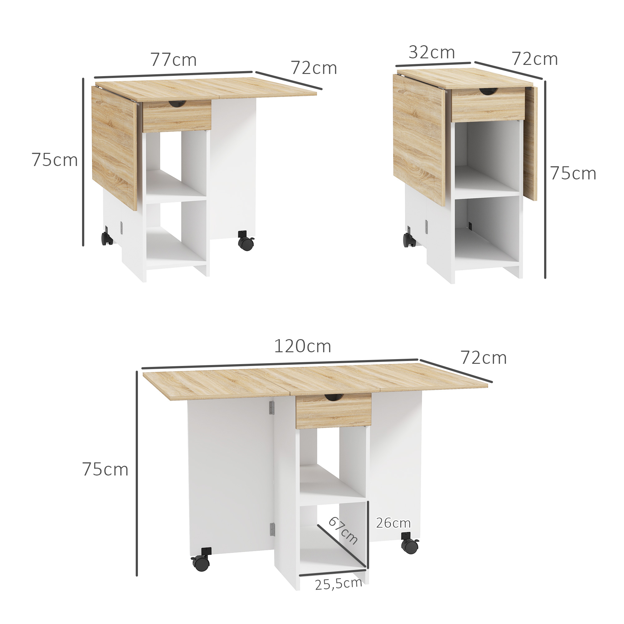Mesa abatible con tapa de madera, cajón y estantes blancos con ruedas.