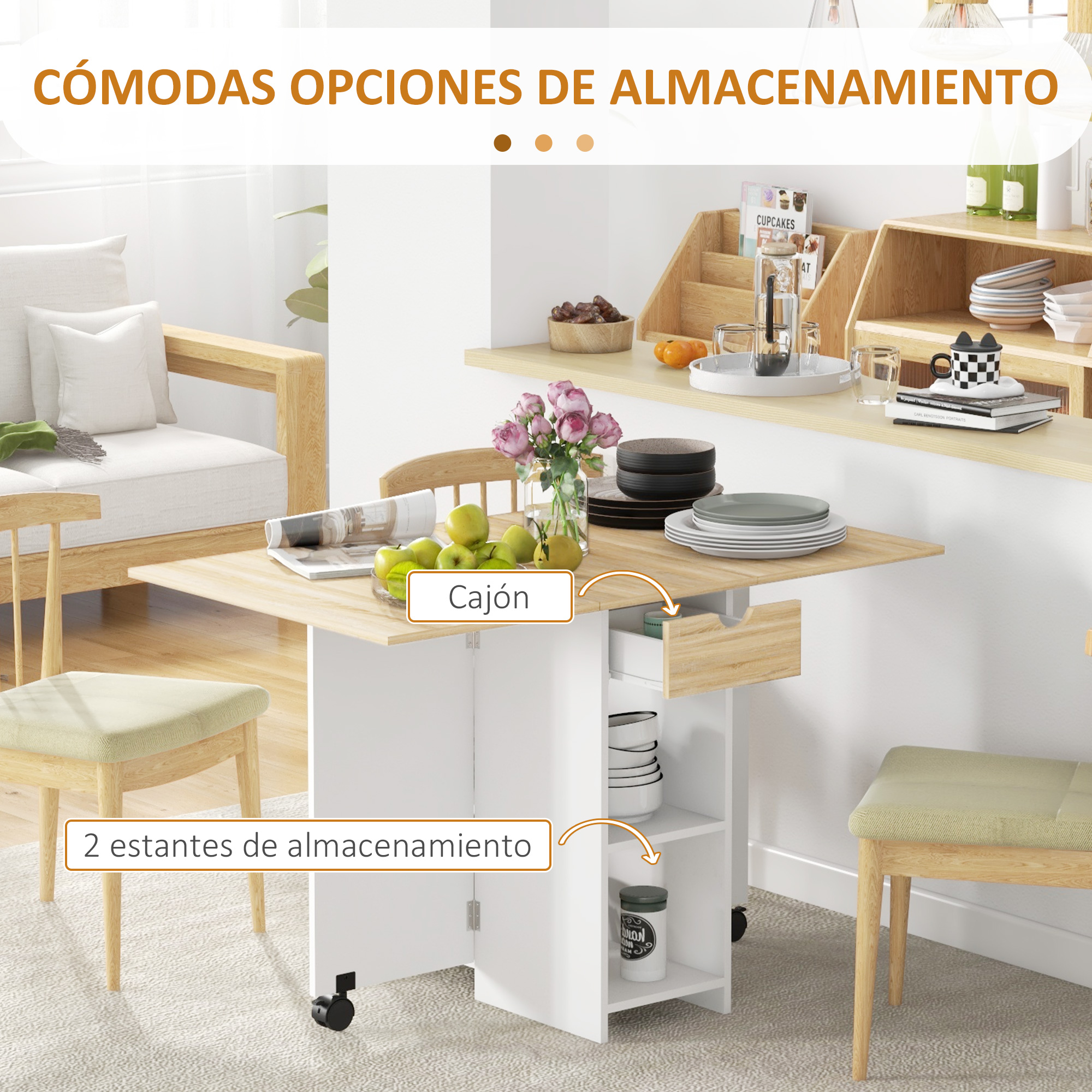 Mesa plegable con cajón, junto a un sofá y sillas.