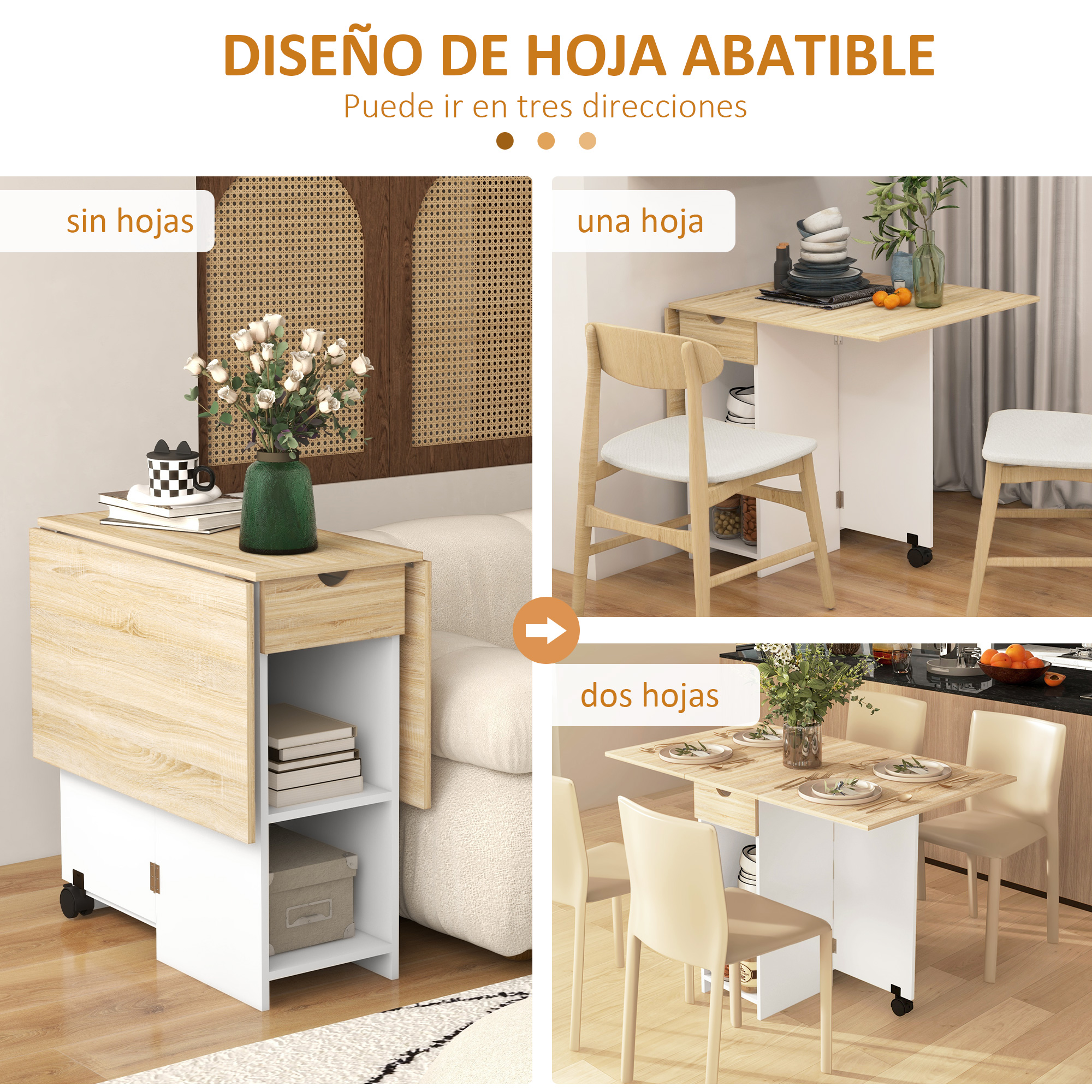 Mesa abatible en tres configuraciones: sin hojas, una hoja, dos hojas.